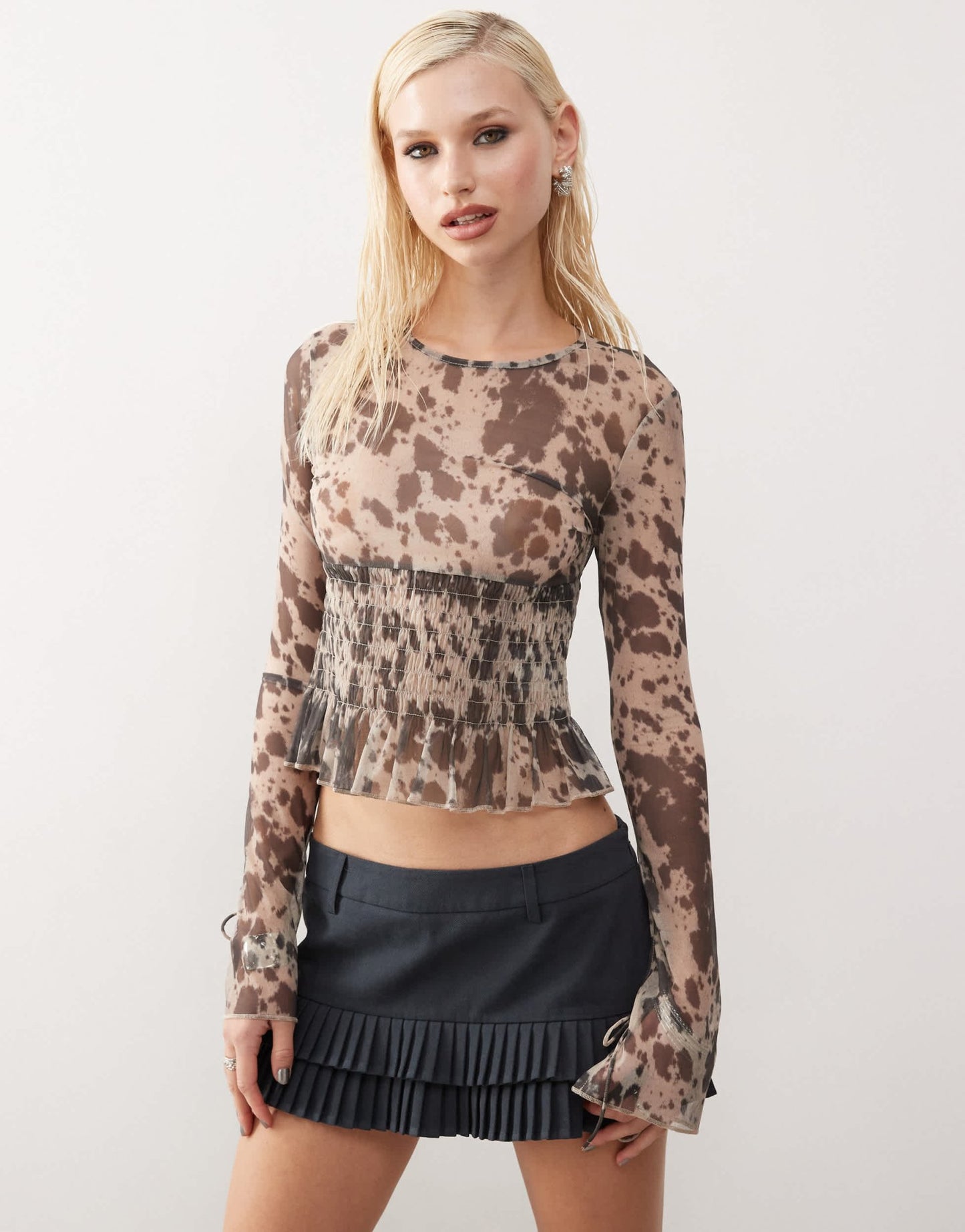 Monki long sleeve mesh shirred top in brown cow print - ASOS Sample Sale