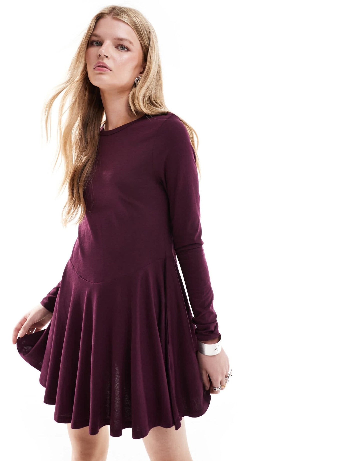 Monki long sleeve mini skater dress in burgundy - ASOS Sample Sale