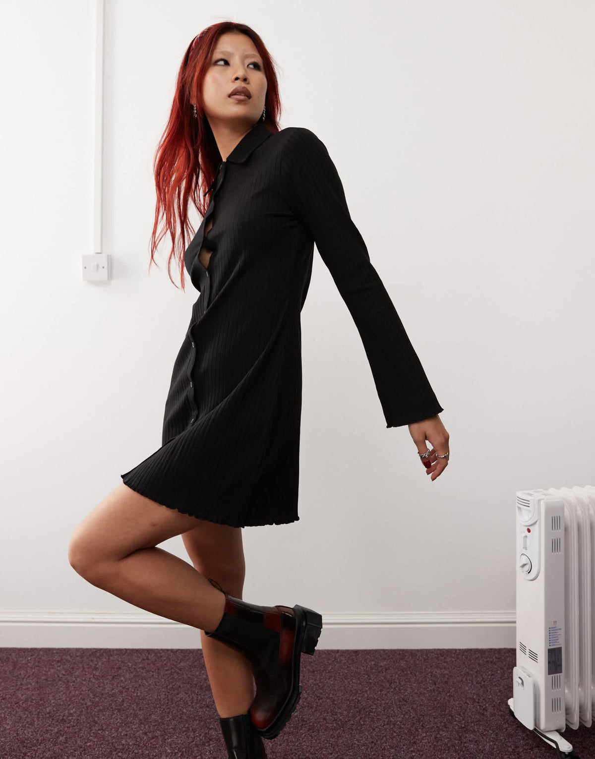 Monki long sleeve ribbed button through mini shirt dress in black - ASOS Sample Sale