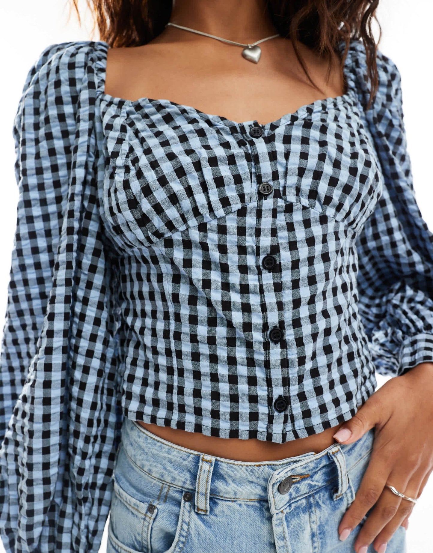 Monki long sleeve seersucker button front blouse in black and dark blue check gingham - ASOS Sample Sale