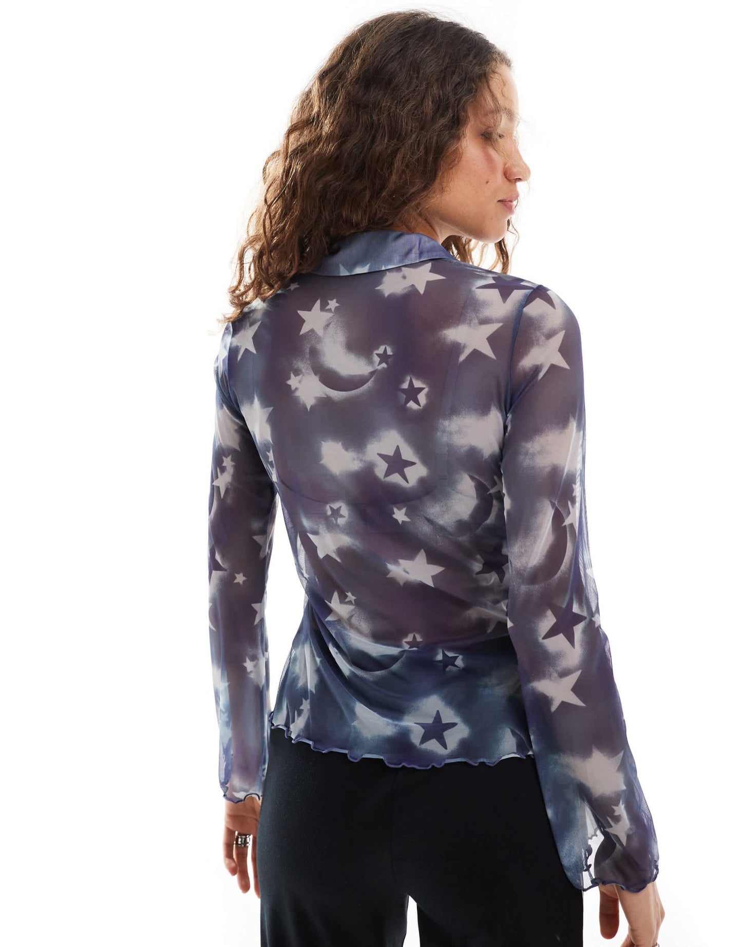 Monki long sleeve sheer collar shirt in blue star print - ASOS Sample Sale