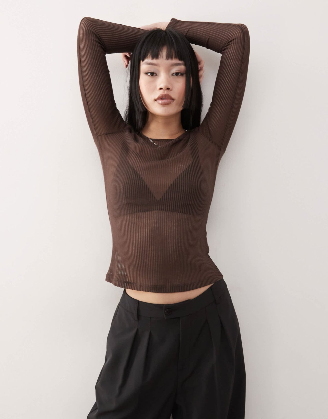 Monki long sleeve sheer ribbed top in dark chocolate brown - ASOS Sample Sale