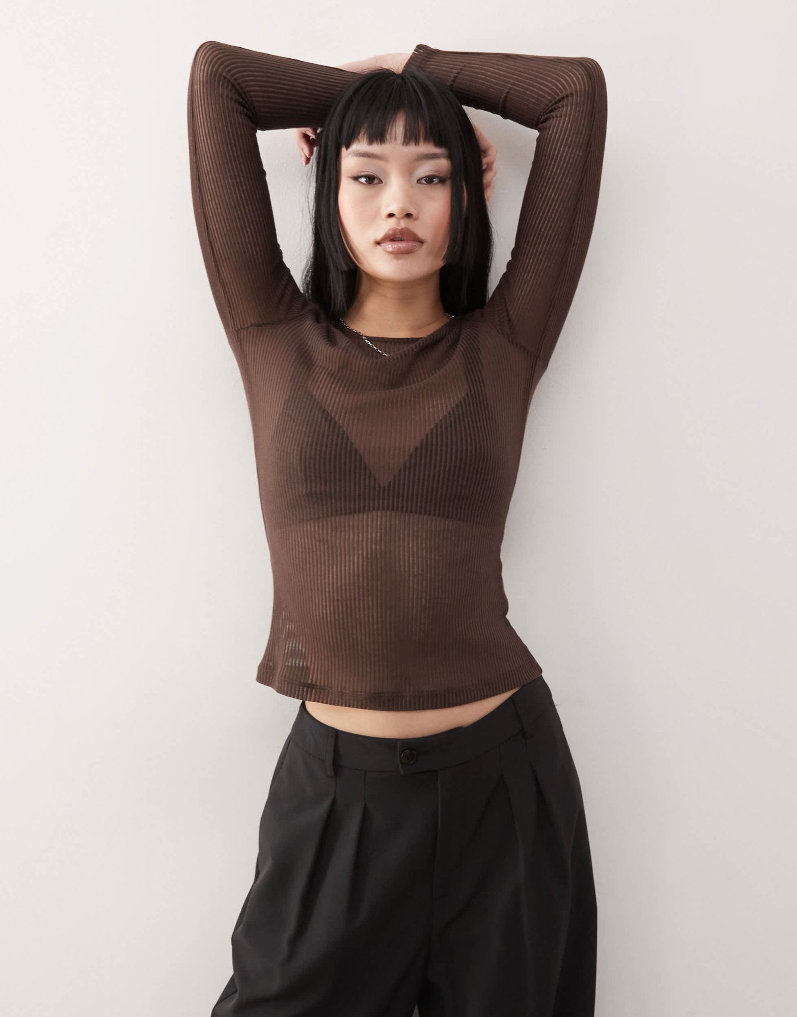Monki long sleeve sheer ribbed top in dark chocolate brown - ASOS Sample Sale