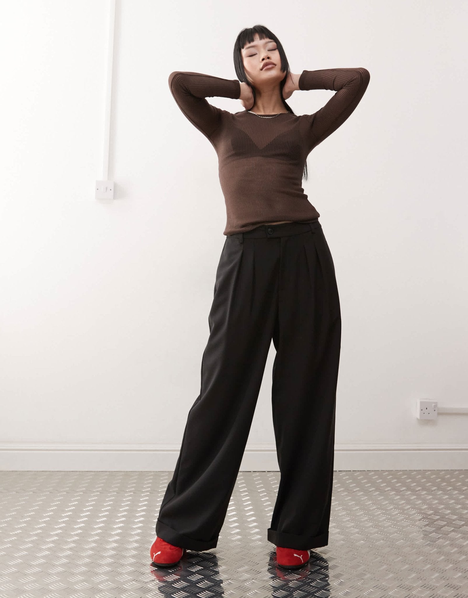 Monki long sleeve sheer ribbed top in dark chocolate brown - ASOS Sample Sale