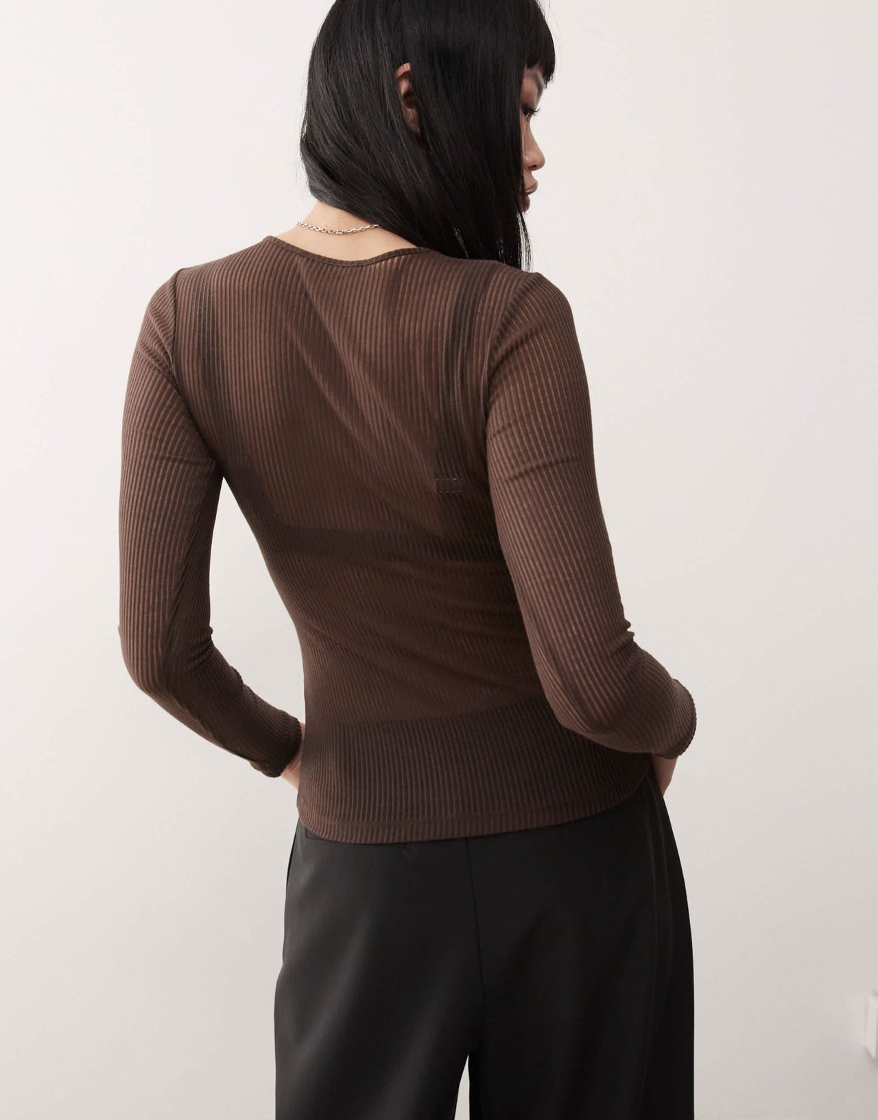 Monki long sleeve sheer ribbed top in dark chocolate brown - ASOS Sample Sale
