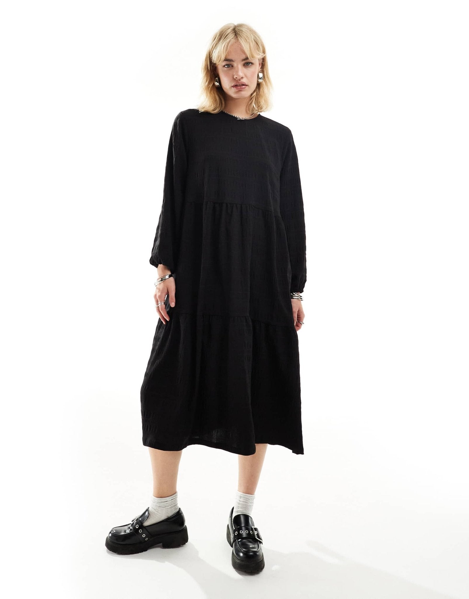 Monki long sleeve smock midi dress in black - ASOS Sample Sale