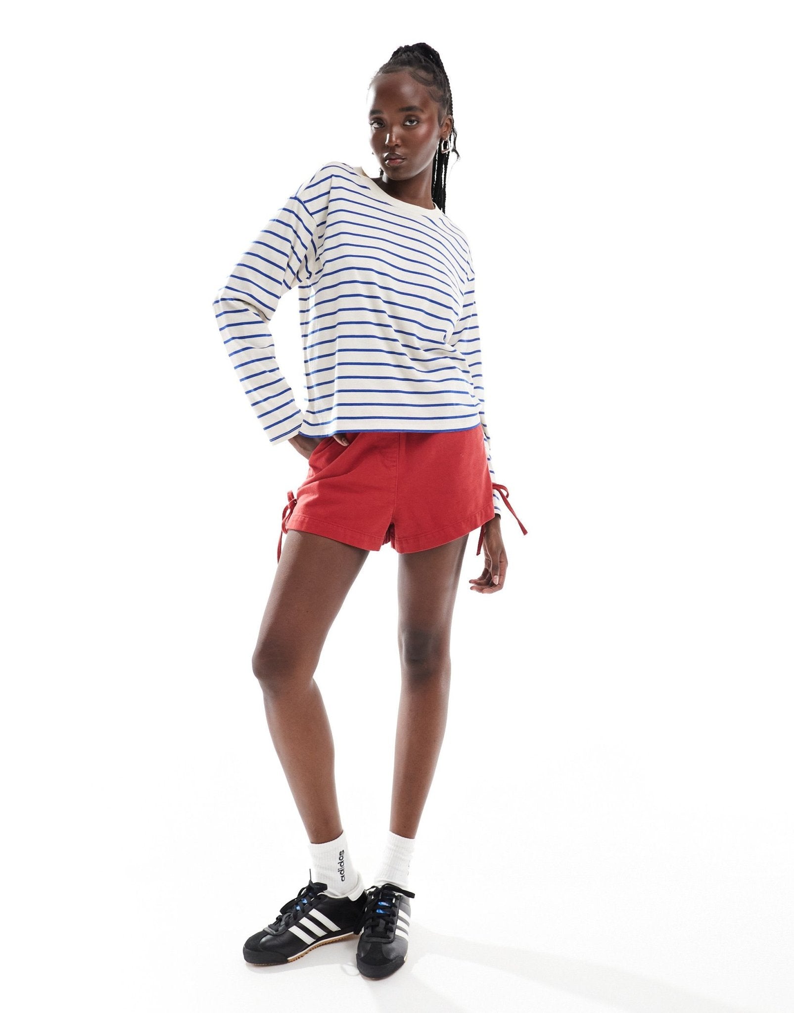 Monki long sleeve t-shirt in beige with blue stripe - ASOS Sample Sale