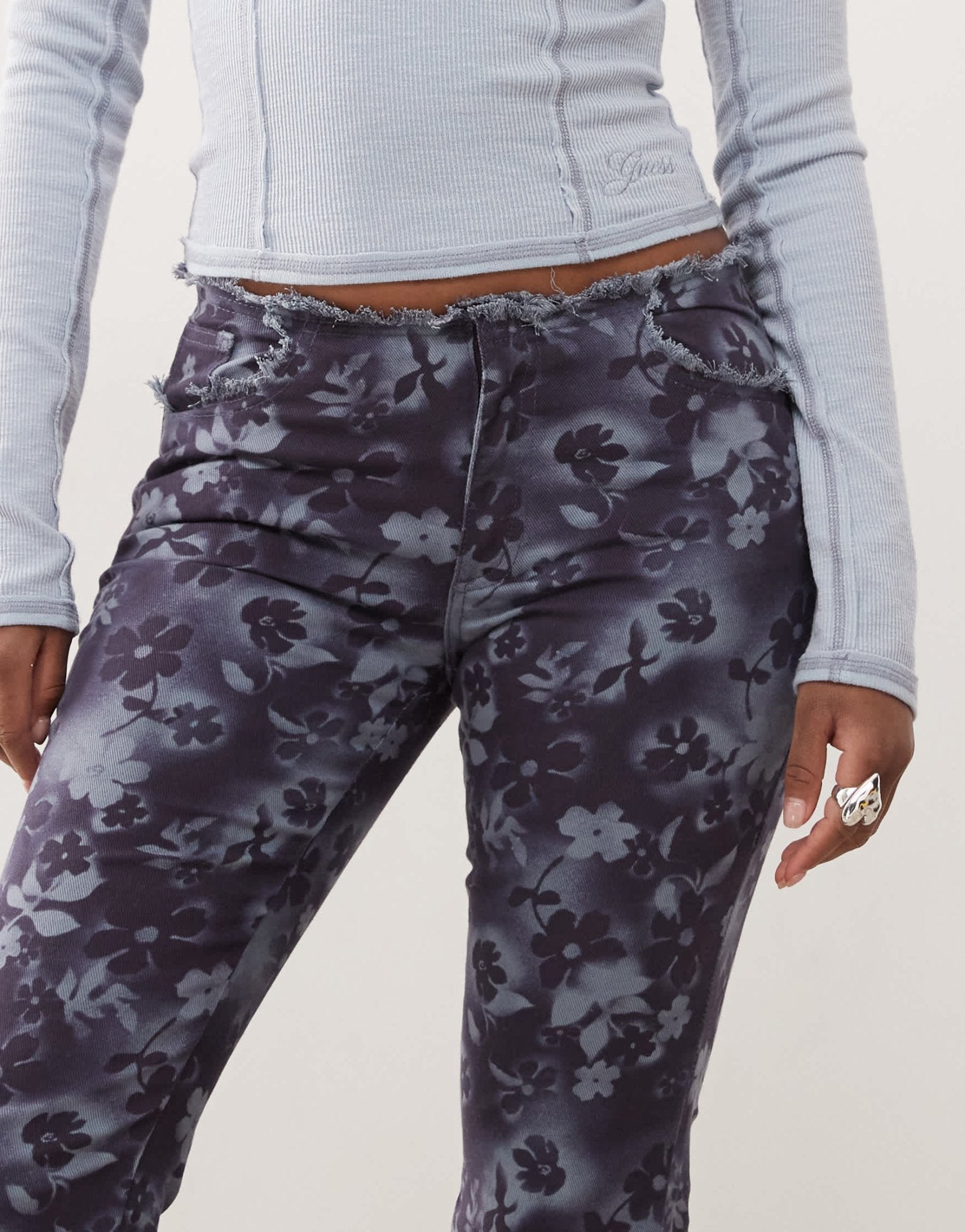 Monki low rise stretch bootcut jeans in blue floral - ASOS Sample Sale