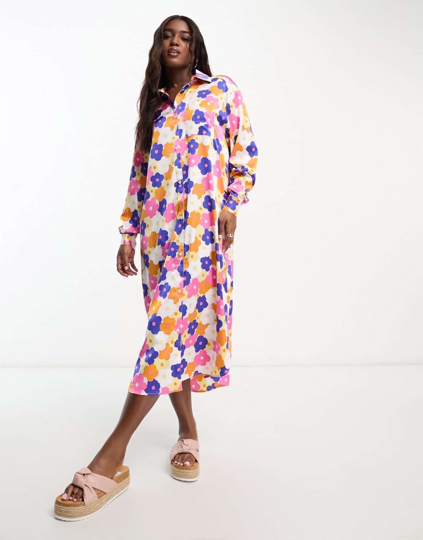 Monki maxi satin floral print shirt dress in multi - ASOS Sample Sale