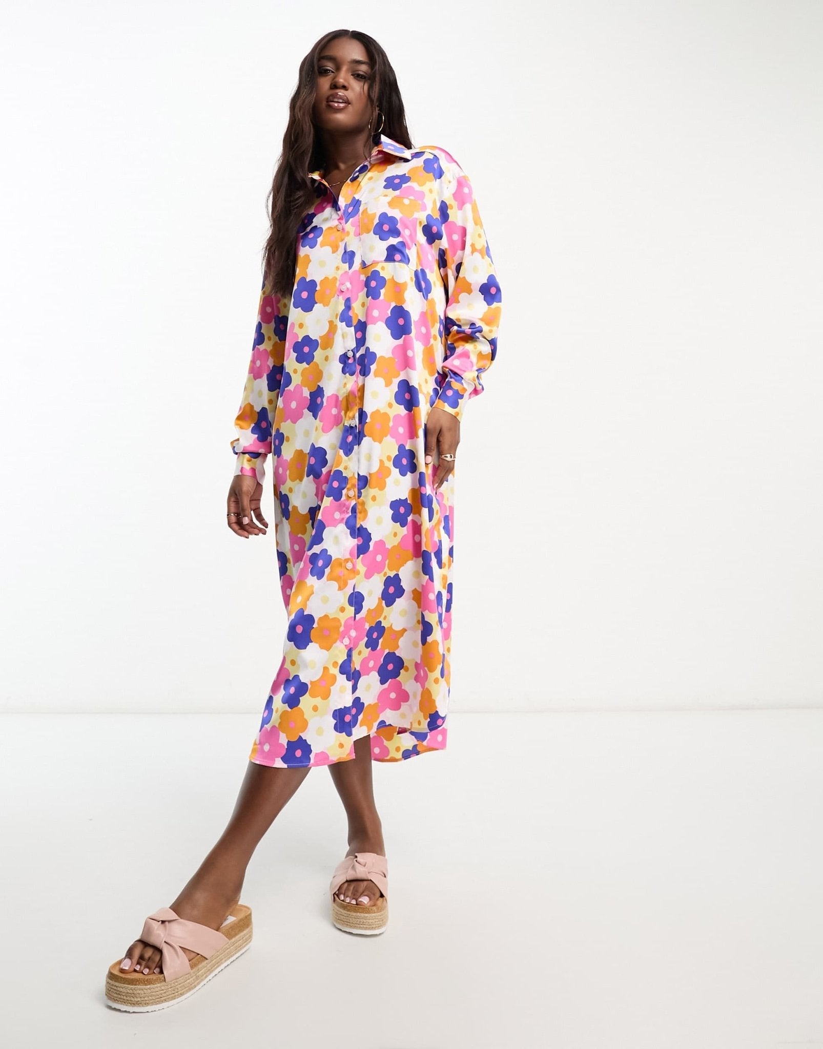Monki maxi satin floral print shirt dress in multi - ASOS Sample Sale