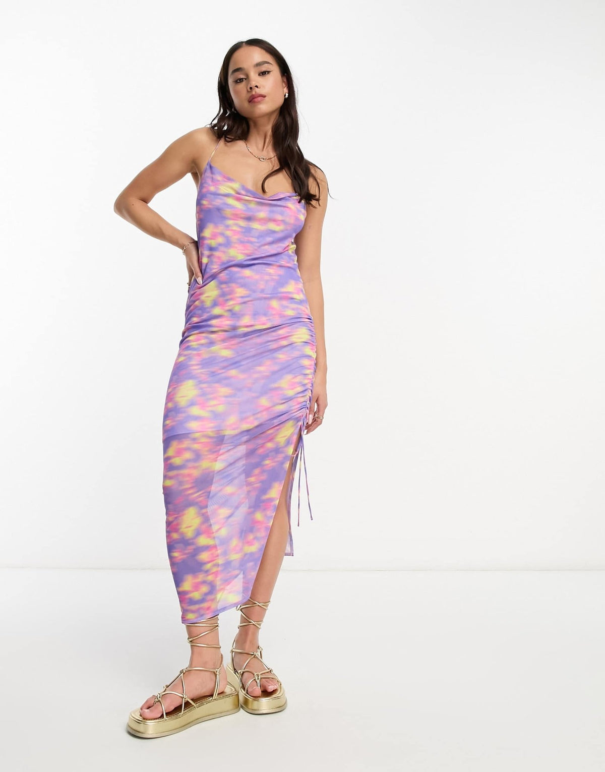 Monki mesh cami gathered midi dress in blurred flower print - ASOS Sample Sale
