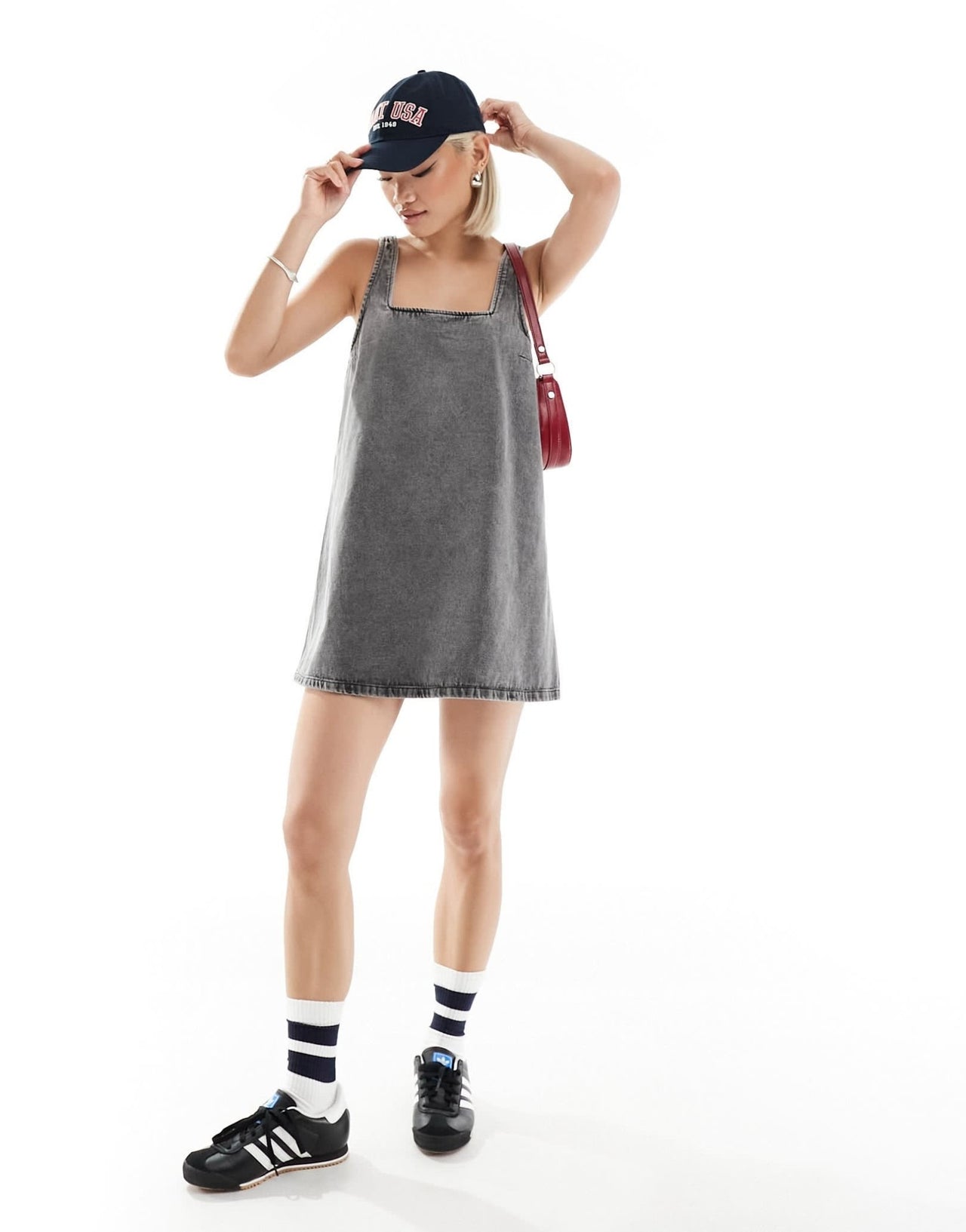 Monki mini denim dungaree dress in dark grey wash - ASOS Sample Sale