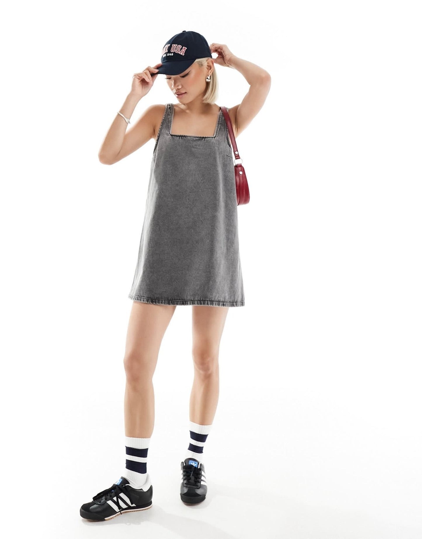Monki mini denim dungaree dress in dark grey wash - ASOS Sample Sale