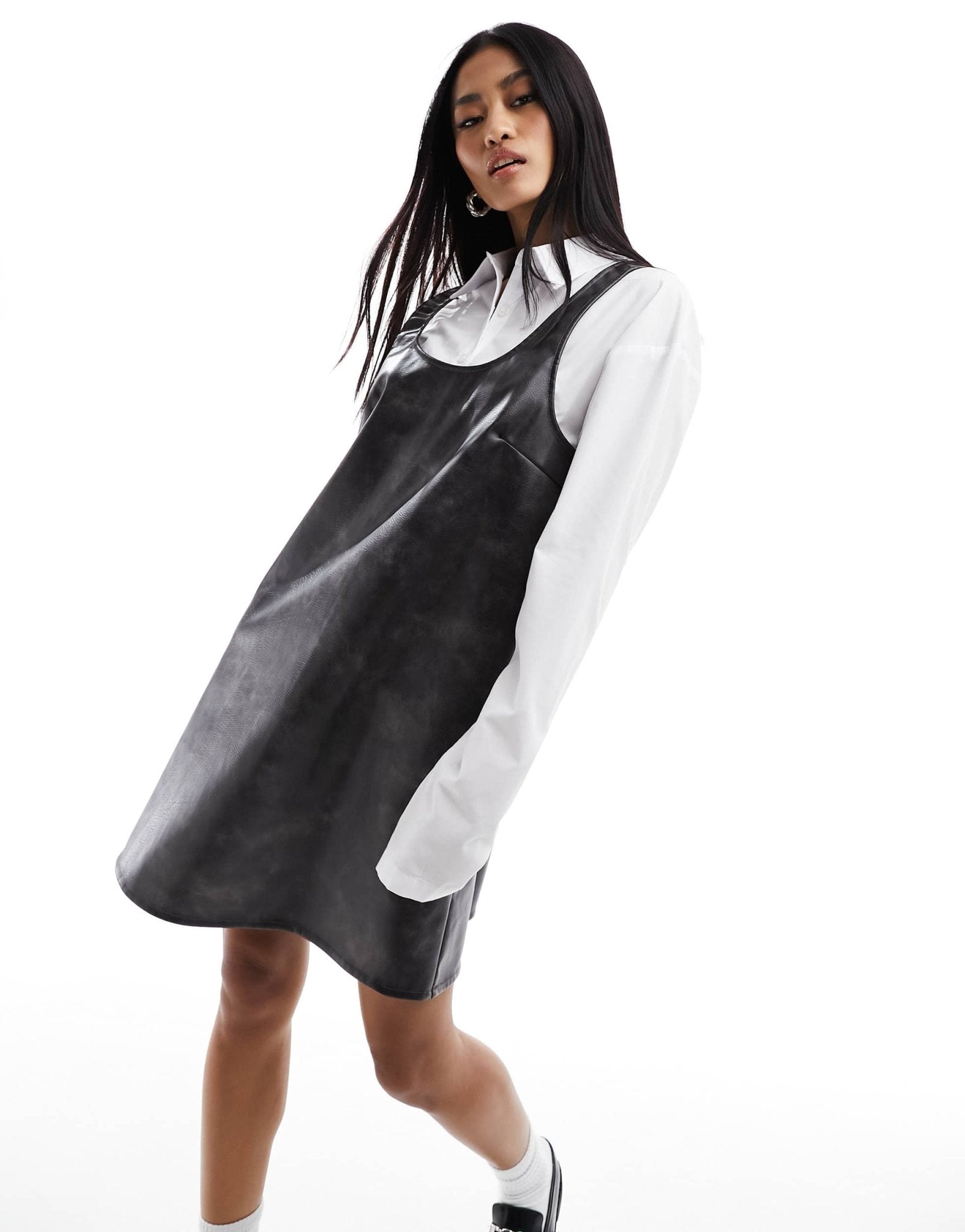 Monki mini pinafore slip dress in distressed black faux leather - ASOS Sample Sale