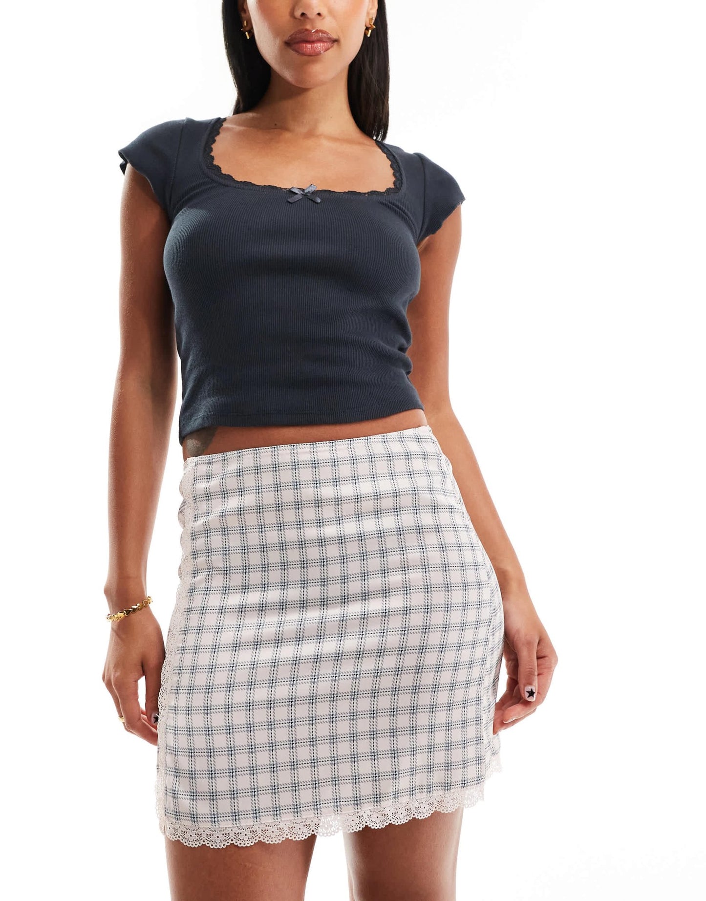 Monki mini satin lace skirt in pink check - ASOS Sample Sale