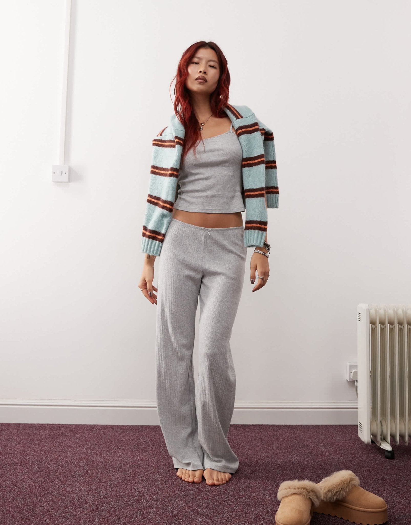 Monki mix and match pointelle lace mini pyjama top with small bows in grey melange - ASOS Sample Sale