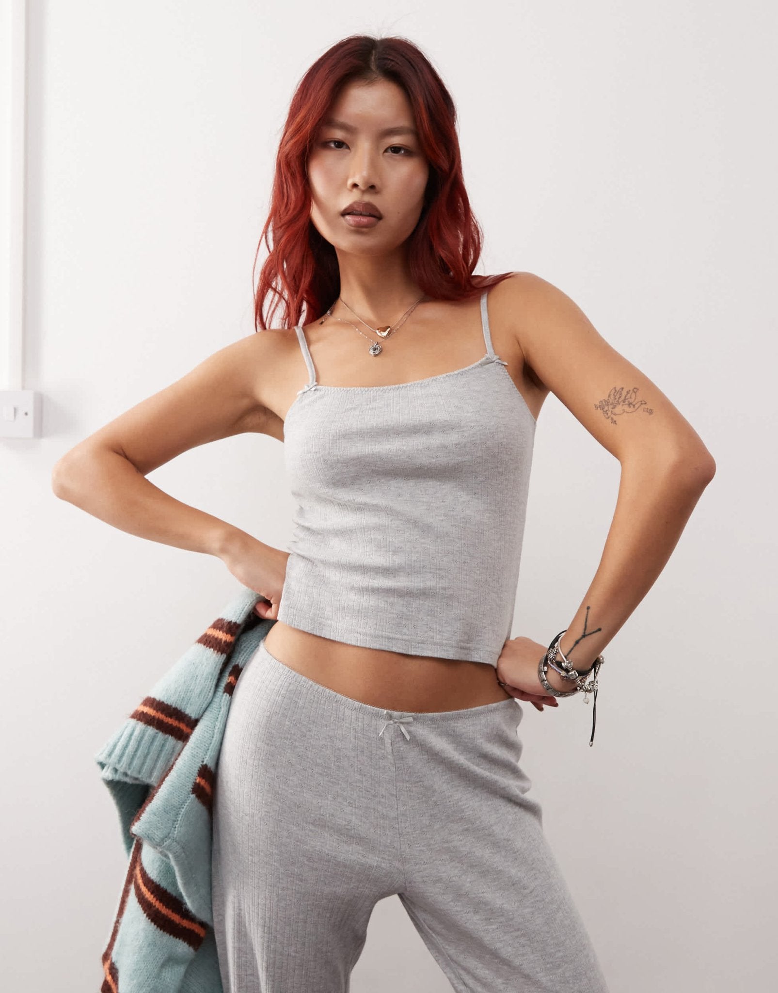 Monki mix and match pointelle lace mini pyjama top with small bows in grey melange - ASOS Sample Sale