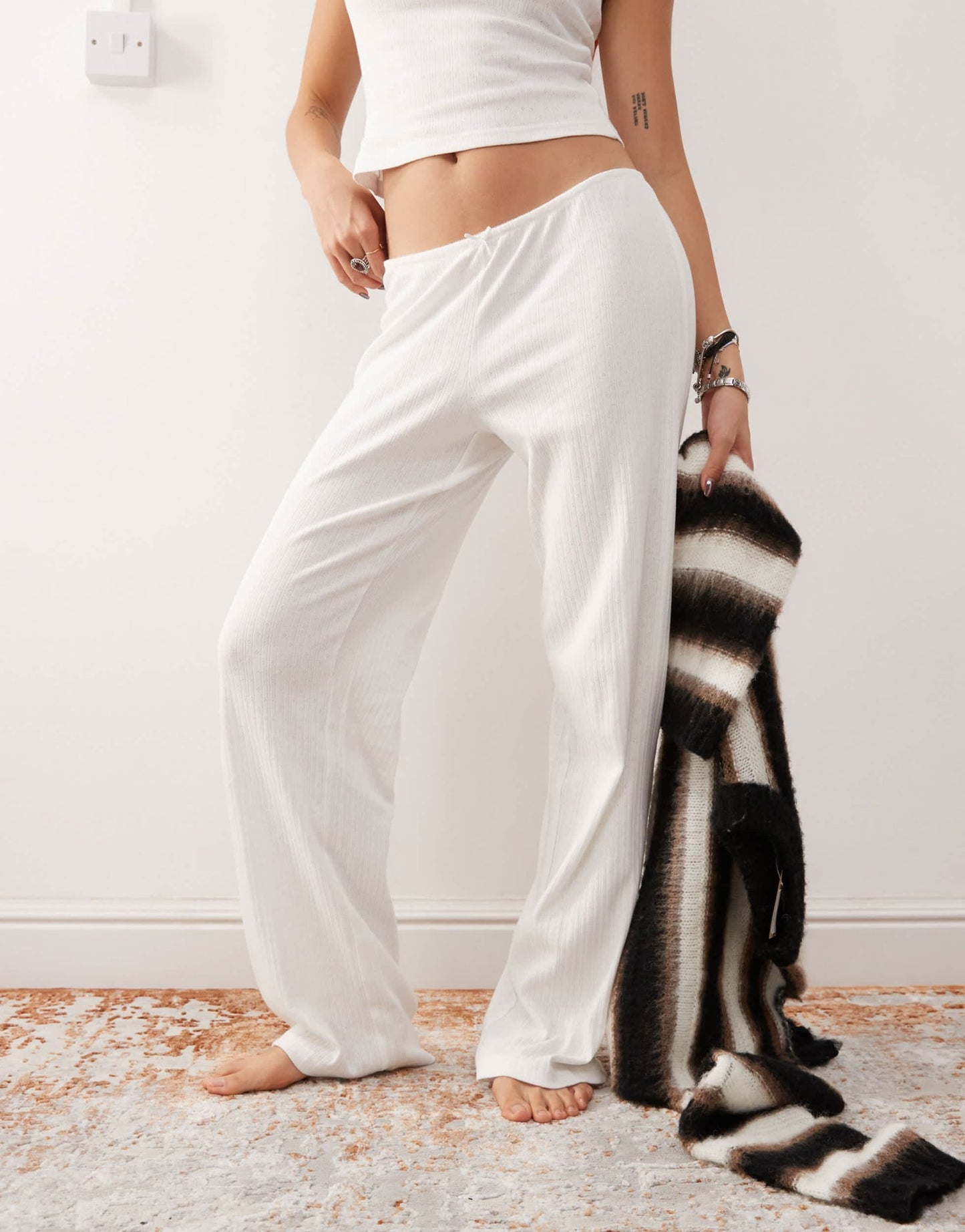 Monki mix and match pointelle lace pyjama bottoms with small bows in off white - ASOS Sample Sale