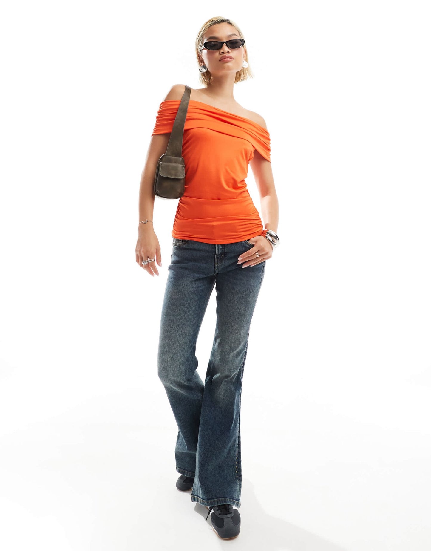 Monki off the shoulder bardot curpo jersey top in bright orange - ASOS Sample Sale