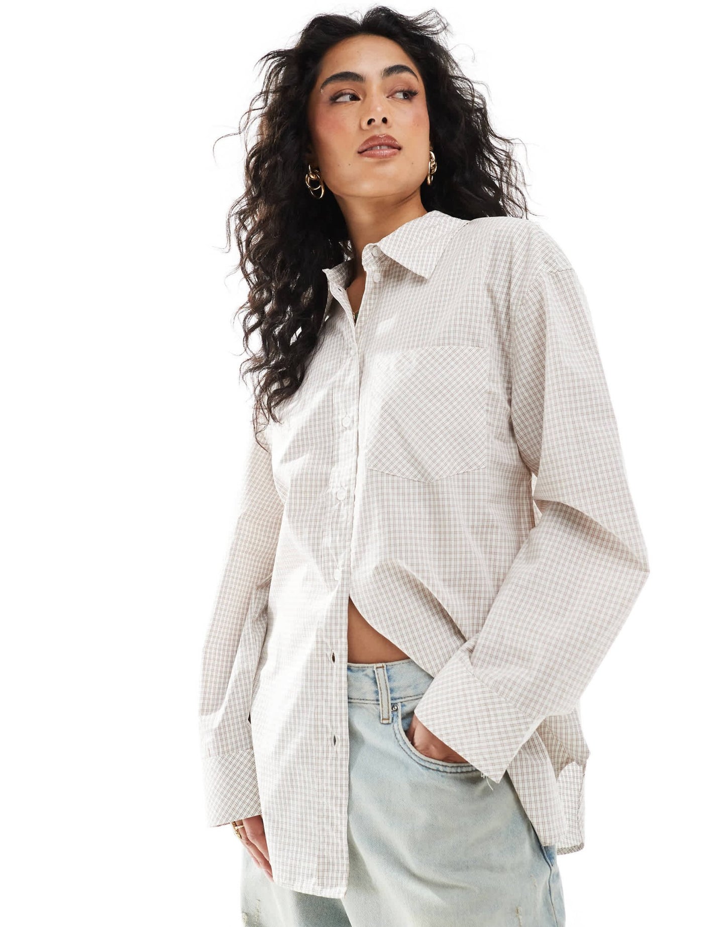 Monki oversized cotton shirt in beige check - ASOS Sample Sale