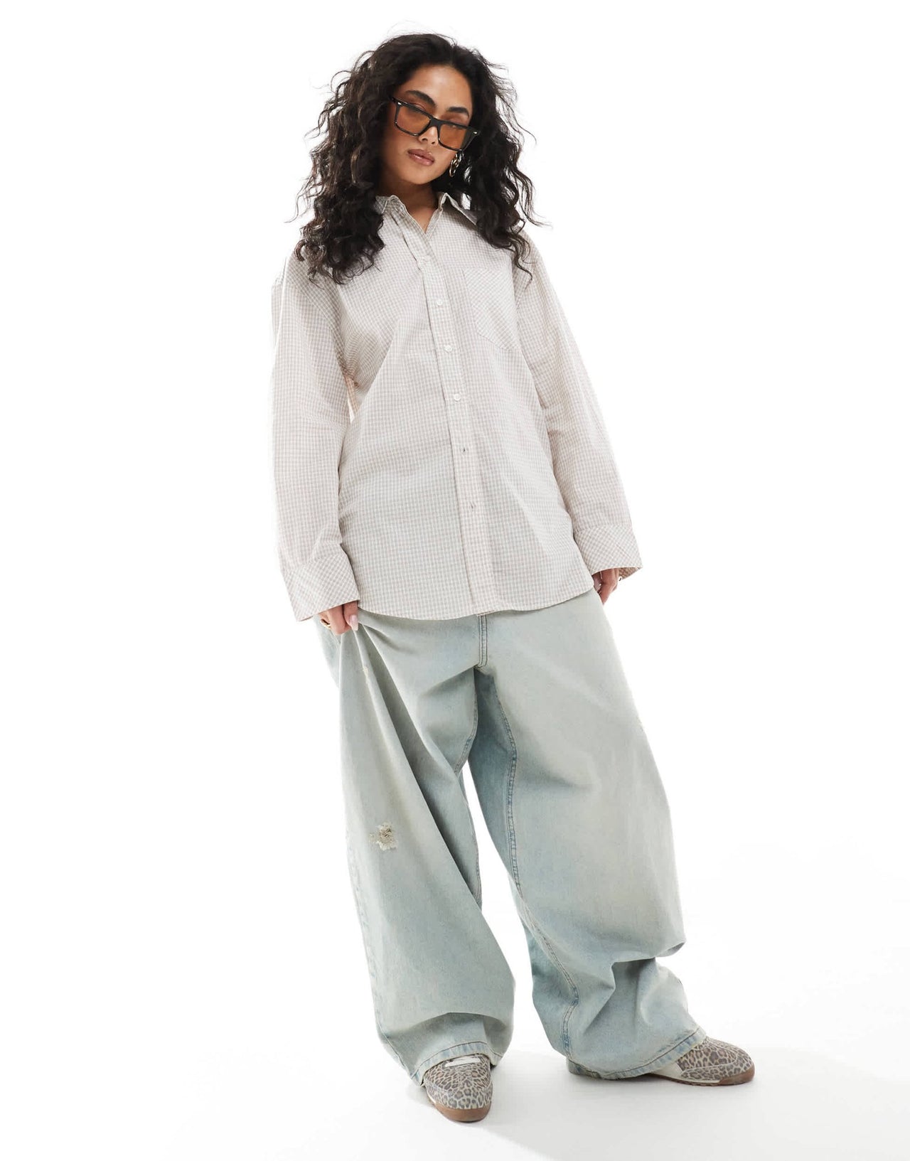 Monki oversized cotton shirt in beige check - ASOS Sample Sale