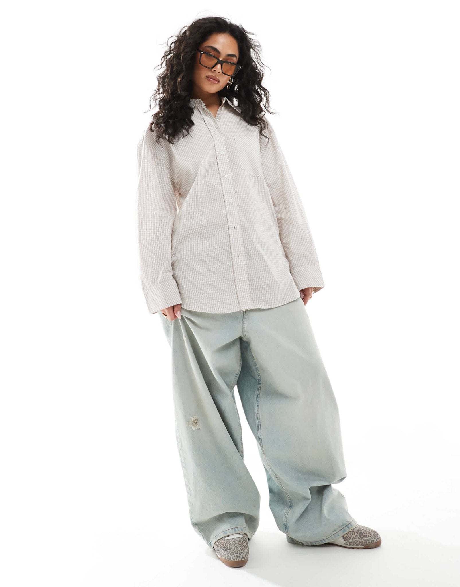 Monki oversized cotton shirt in beige check - ASOS Sample Sale
