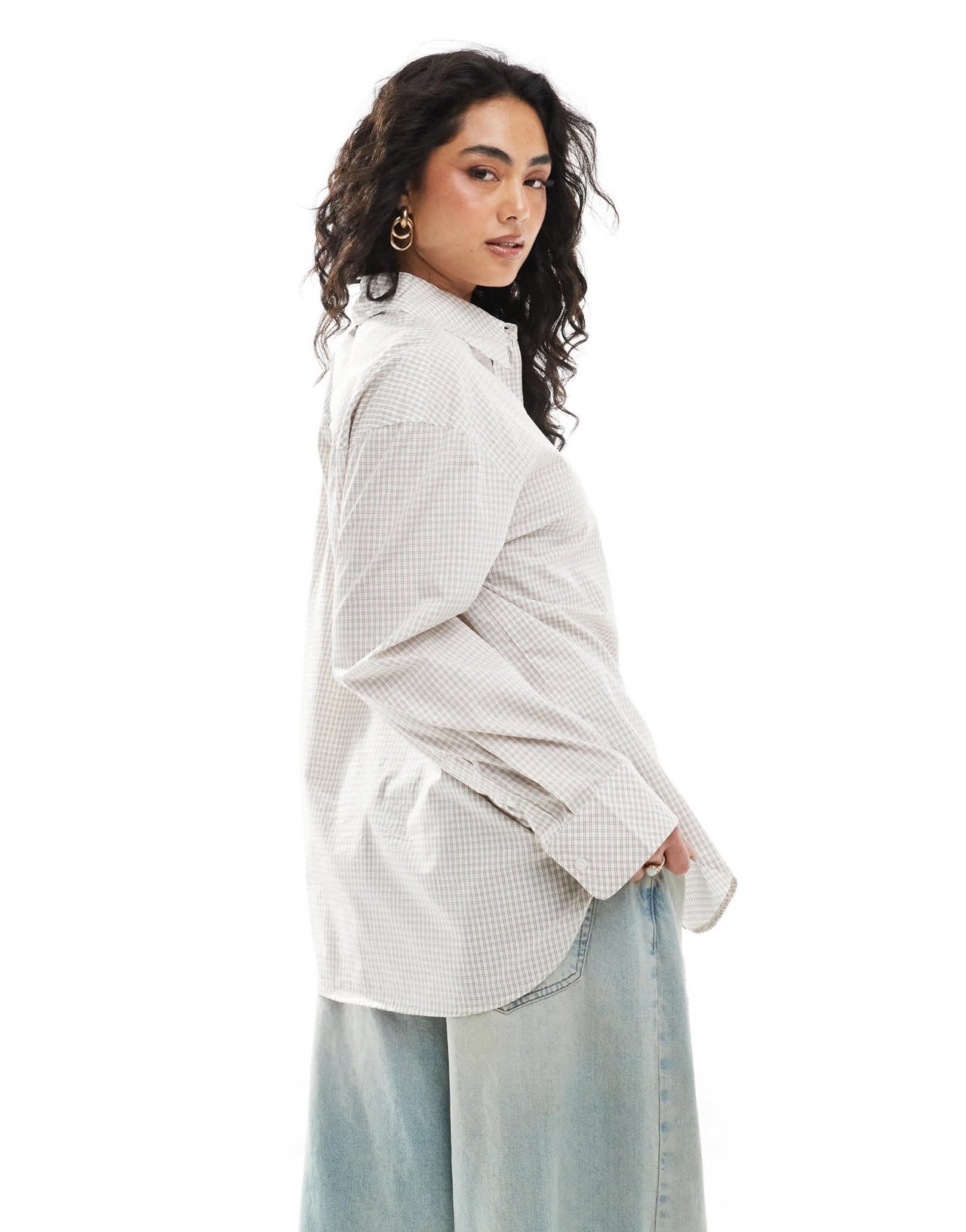 Monki oversized cotton shirt in beige check - ASOS Sample Sale
