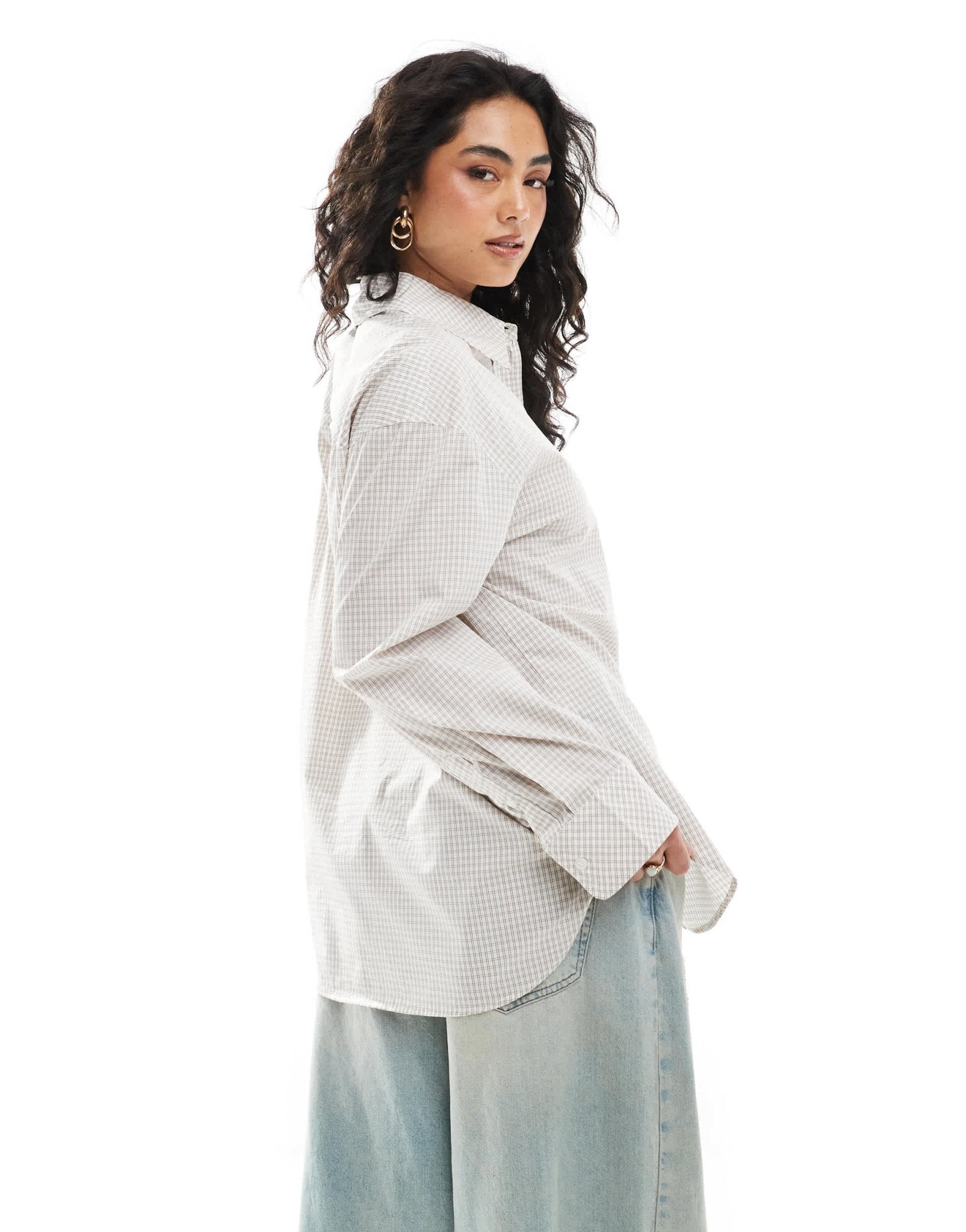 Monki oversized cotton shirt in beige check - ASOS Sample Sale