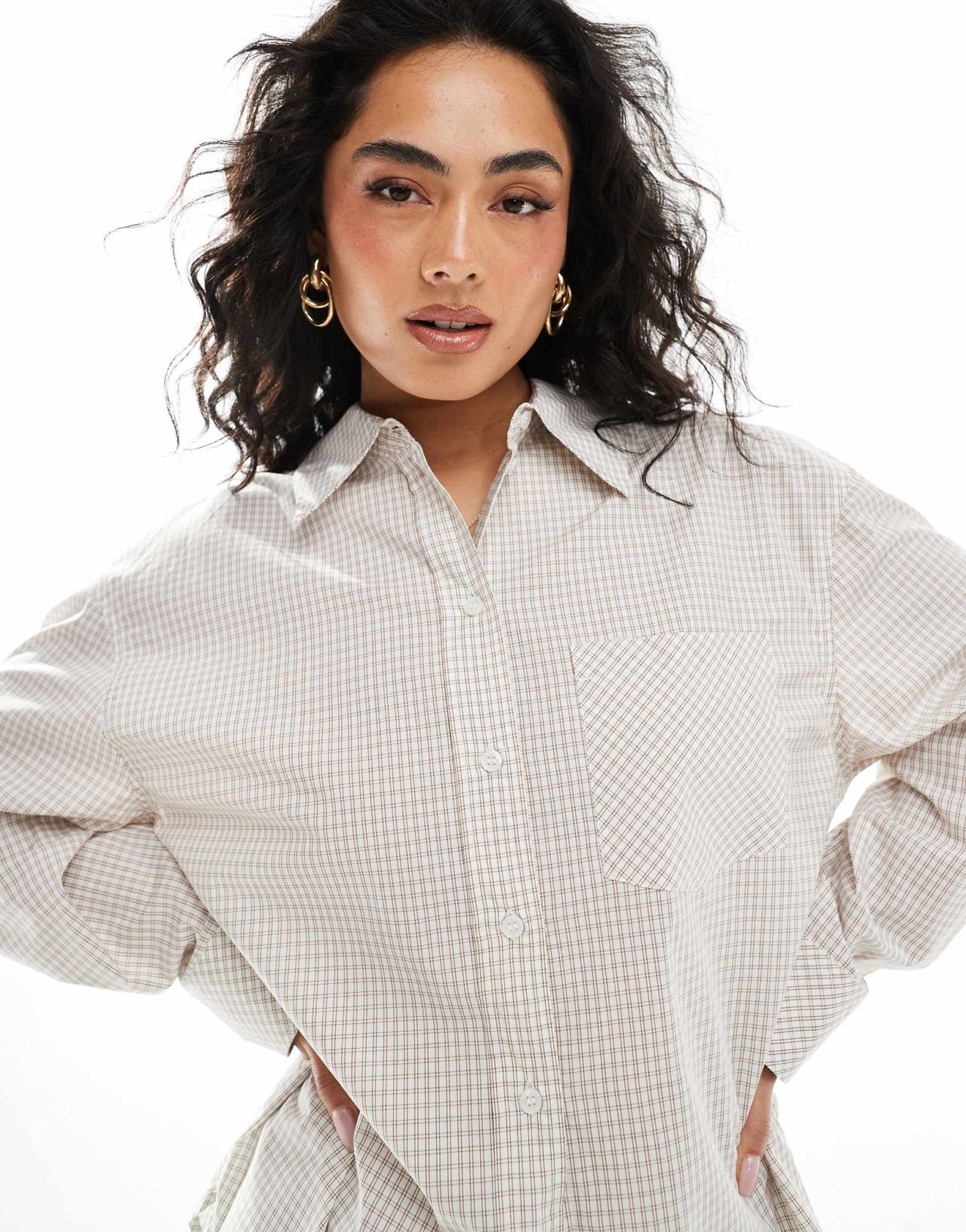 Monki oversized cotton shirt in beige check - ASOS Sample Sale