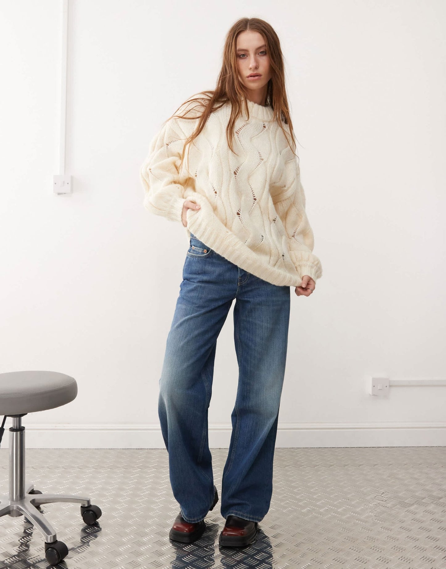 Monki oversized crew neck cable knitted sweater in off white - ASOS Sample Sale
