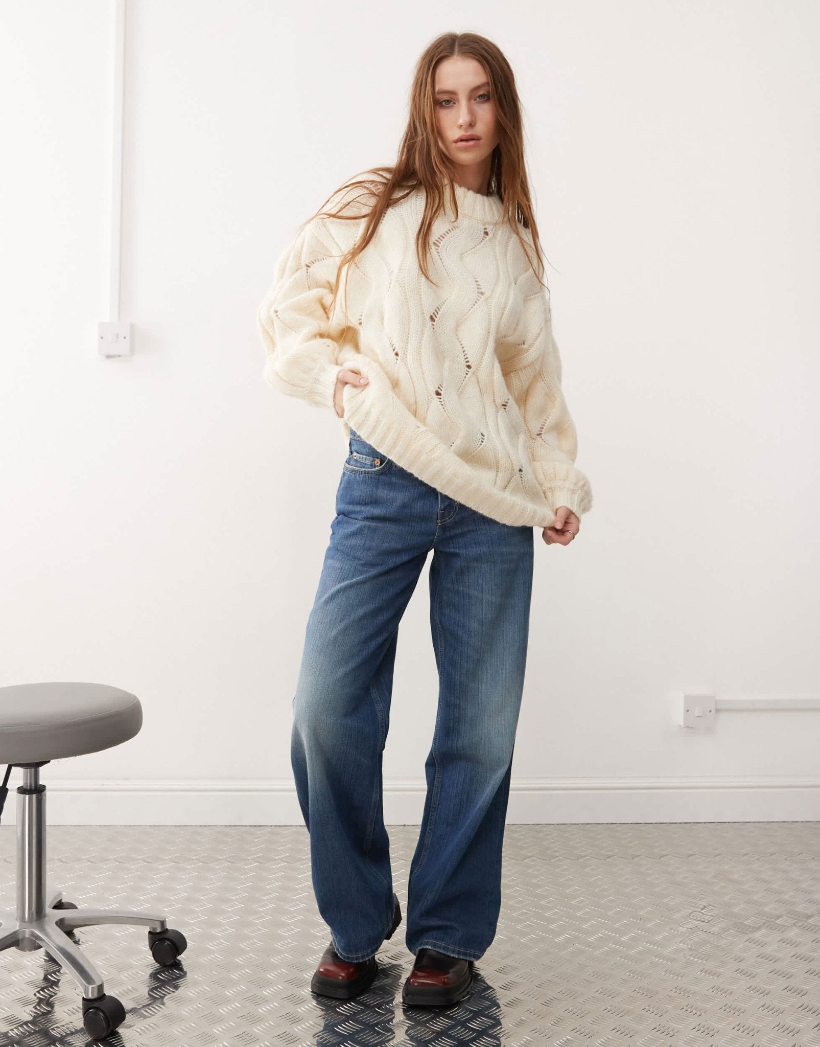 Monki oversized crew neck cable knitted sweater in off white - ASOS Sample Sale