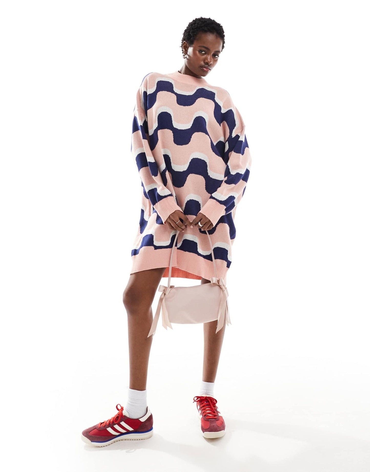 Monki oversized knitted mini dress in blue and pink wavy stripe pattern jacqaurd - ASOS Sample Sale
