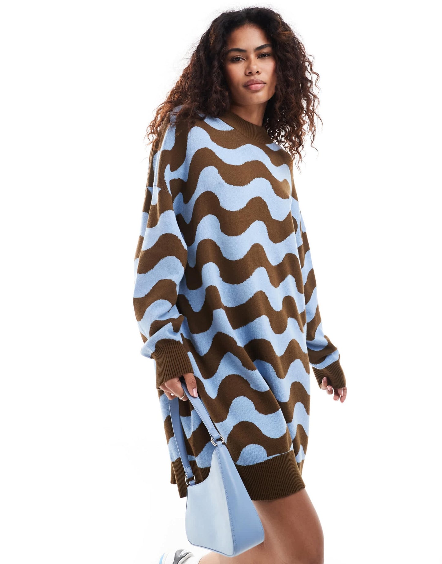 Monki oversized knitted mini dress in brown and blue wave pattern jacquard - ASOS Sample Sale