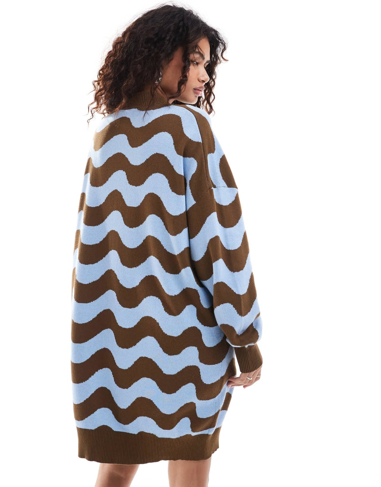 Monki oversized knitted mini dress in brown and blue wave pattern jacquard - ASOS Sample Sale
