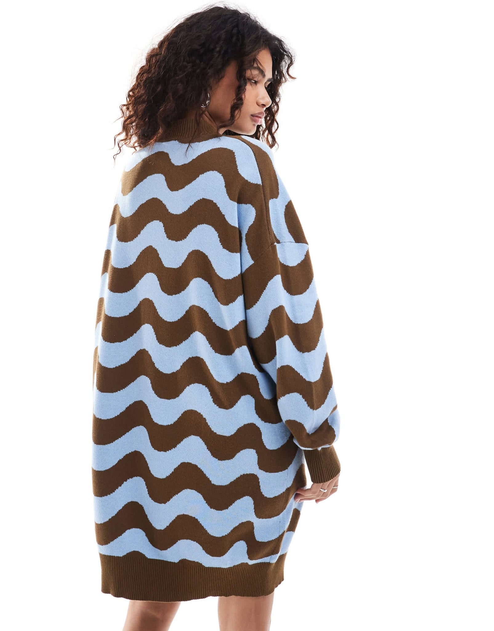 Monki oversized knitted mini dress in brown and blue wave pattern jacquard - ASOS Sample Sale