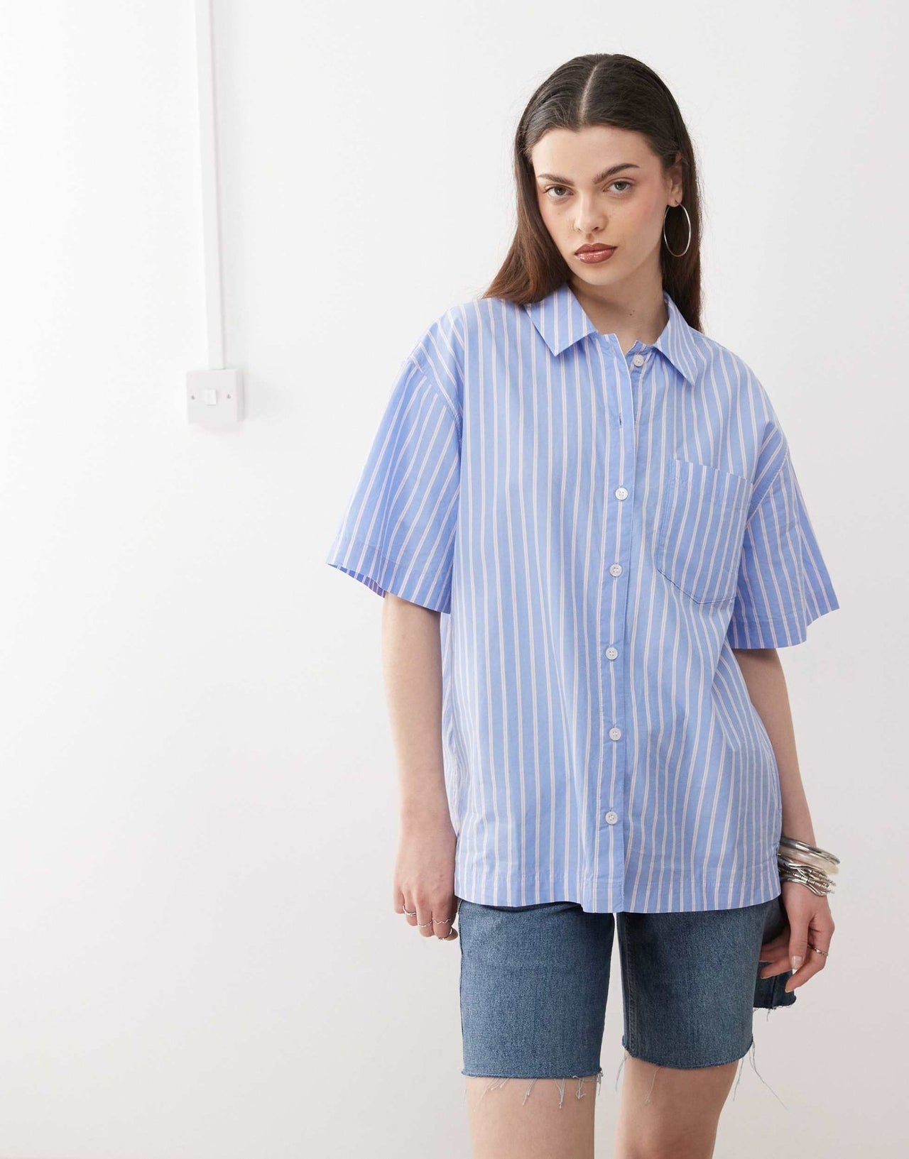 Monki oversized short sleeve shirt in blue stripe - ASOS Sample Sale