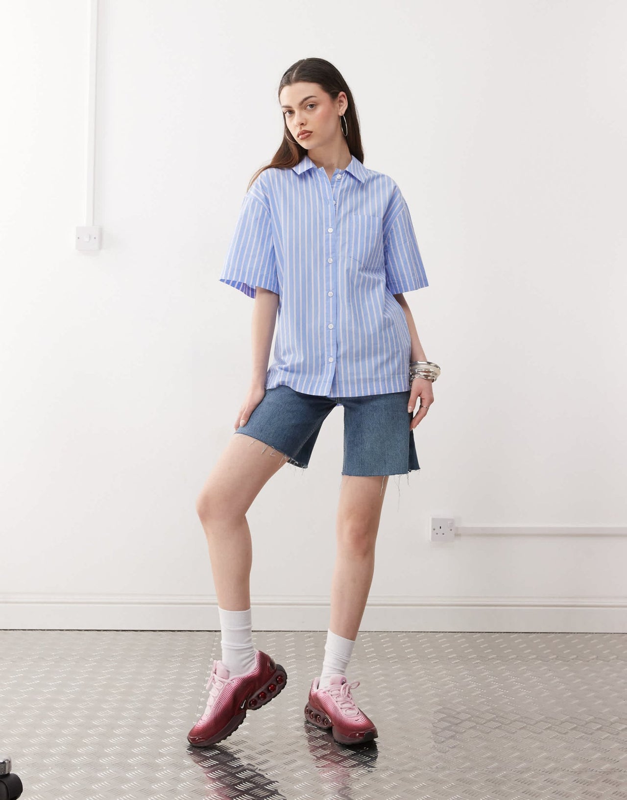 Monki oversized short sleeve shirt in blue stripe - ASOS Sample Sale