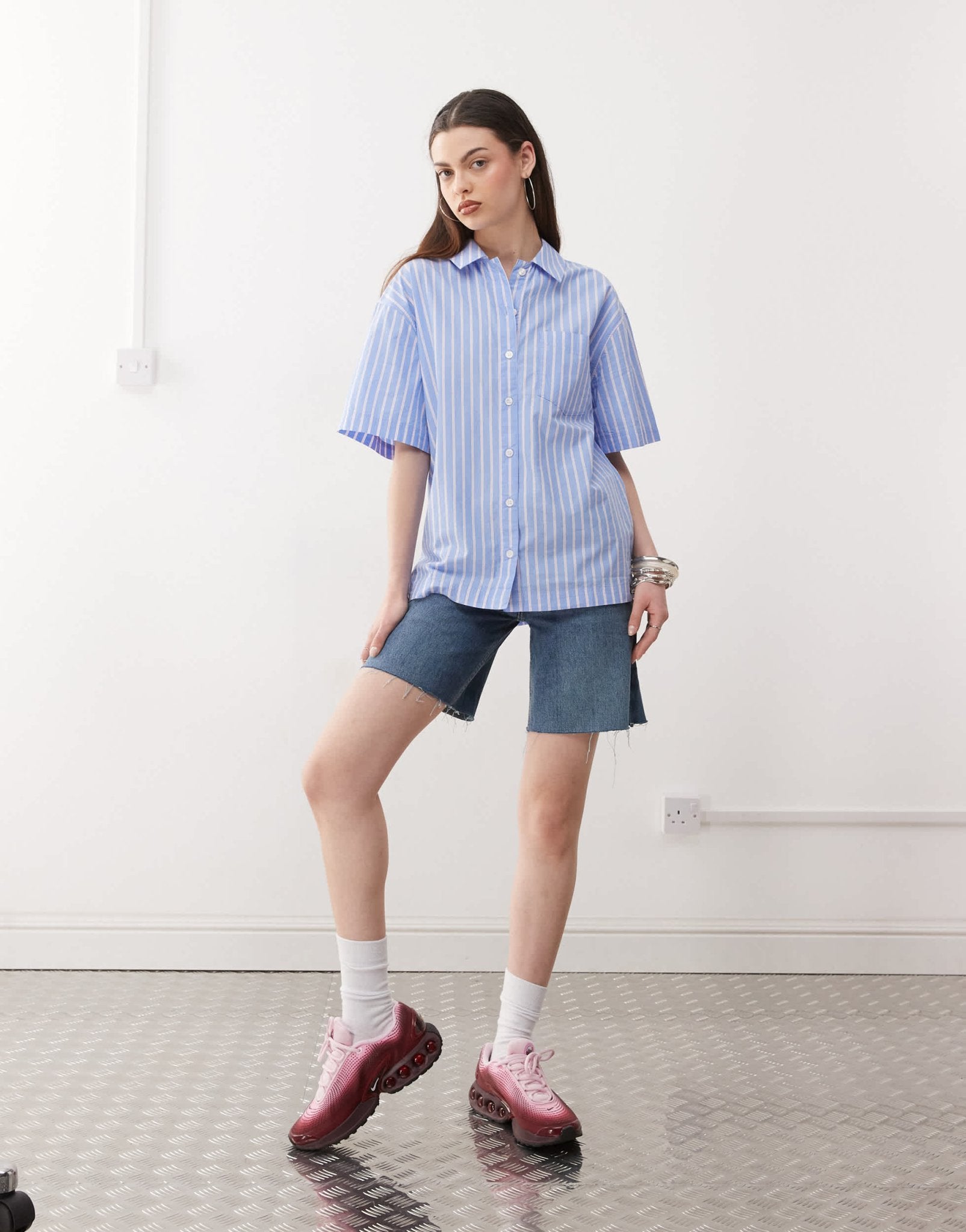 Monki oversized short sleeve shirt in blue stripe - ASOS Sample Sale