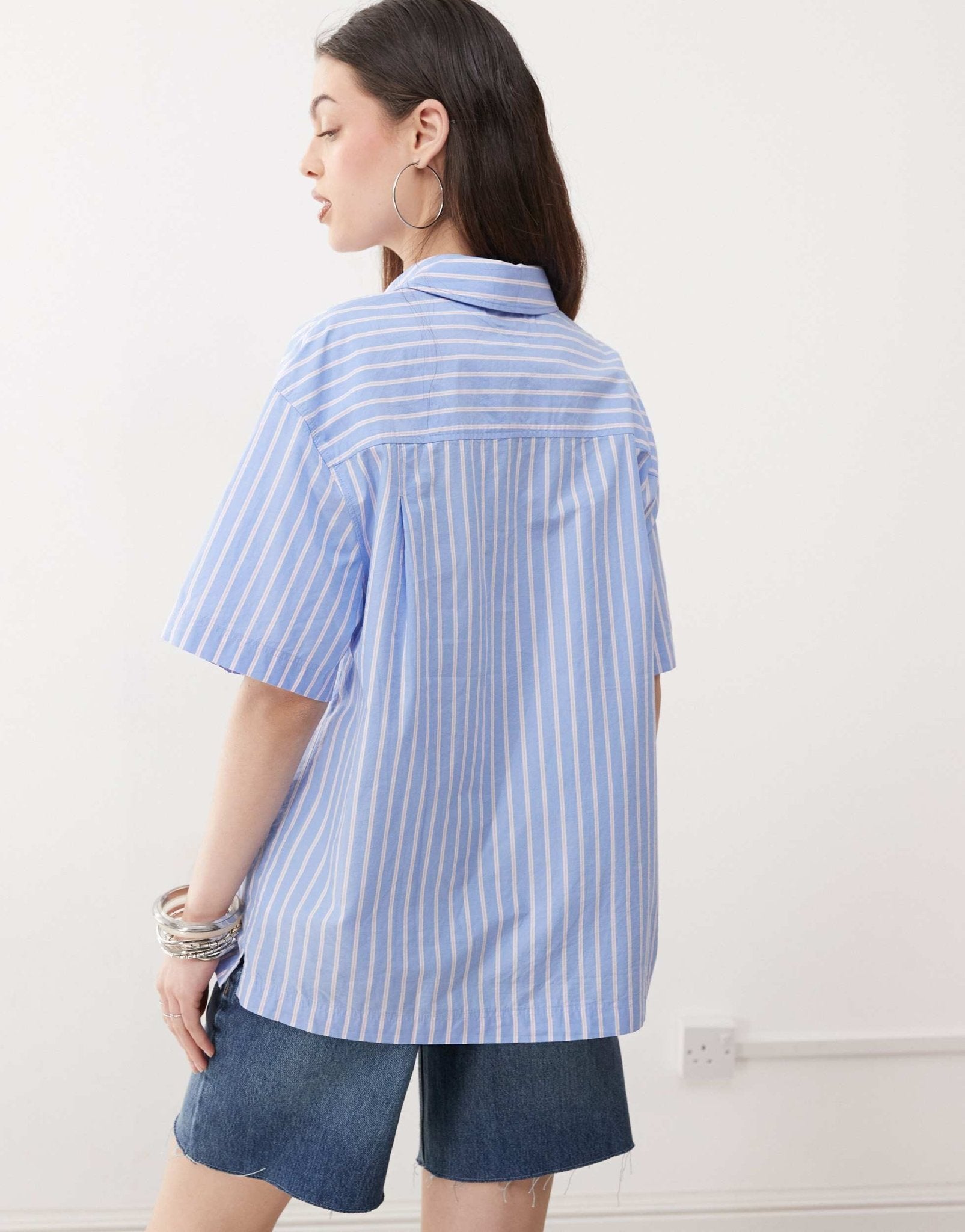 Monki oversized short sleeve shirt in blue stripe - ASOS Sample Sale
