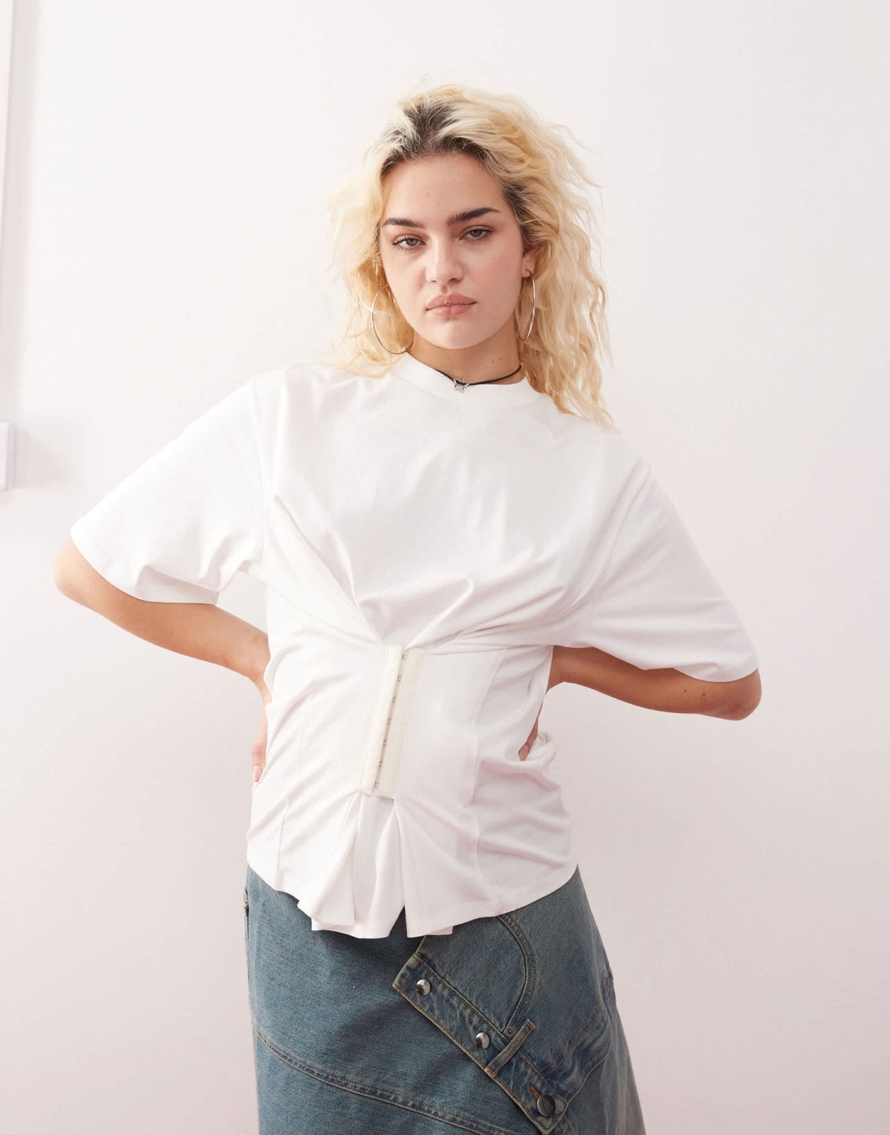 Monki oversized t-shirt with corset waist in white - ASOS Sample Sale