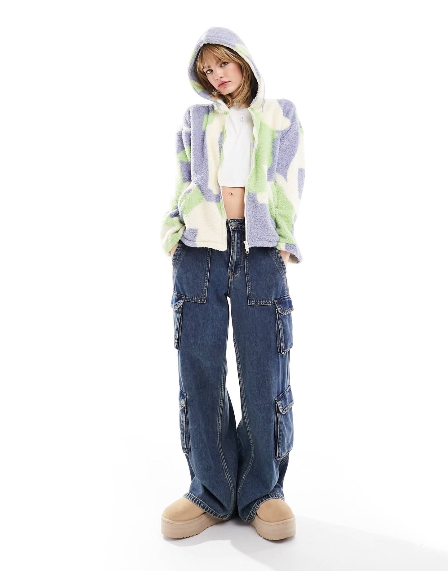 Monki oversized zip front hooded sweater in pastel abstract jacquard - ASOS Sample Sale