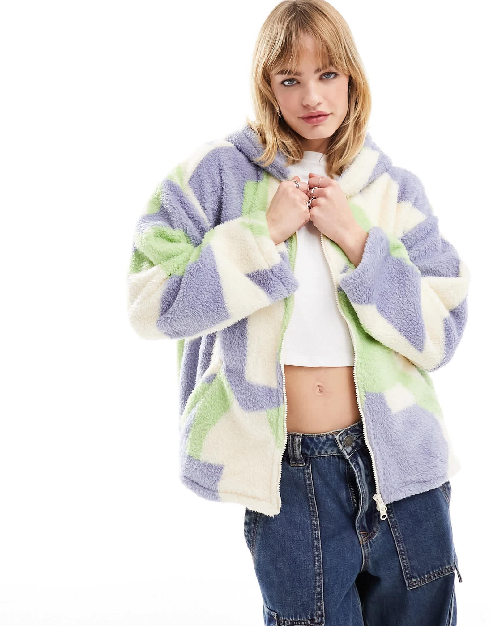 Monki oversized zip front hooded sweater in pastel abstract jacquard - ASOS Sample Sale