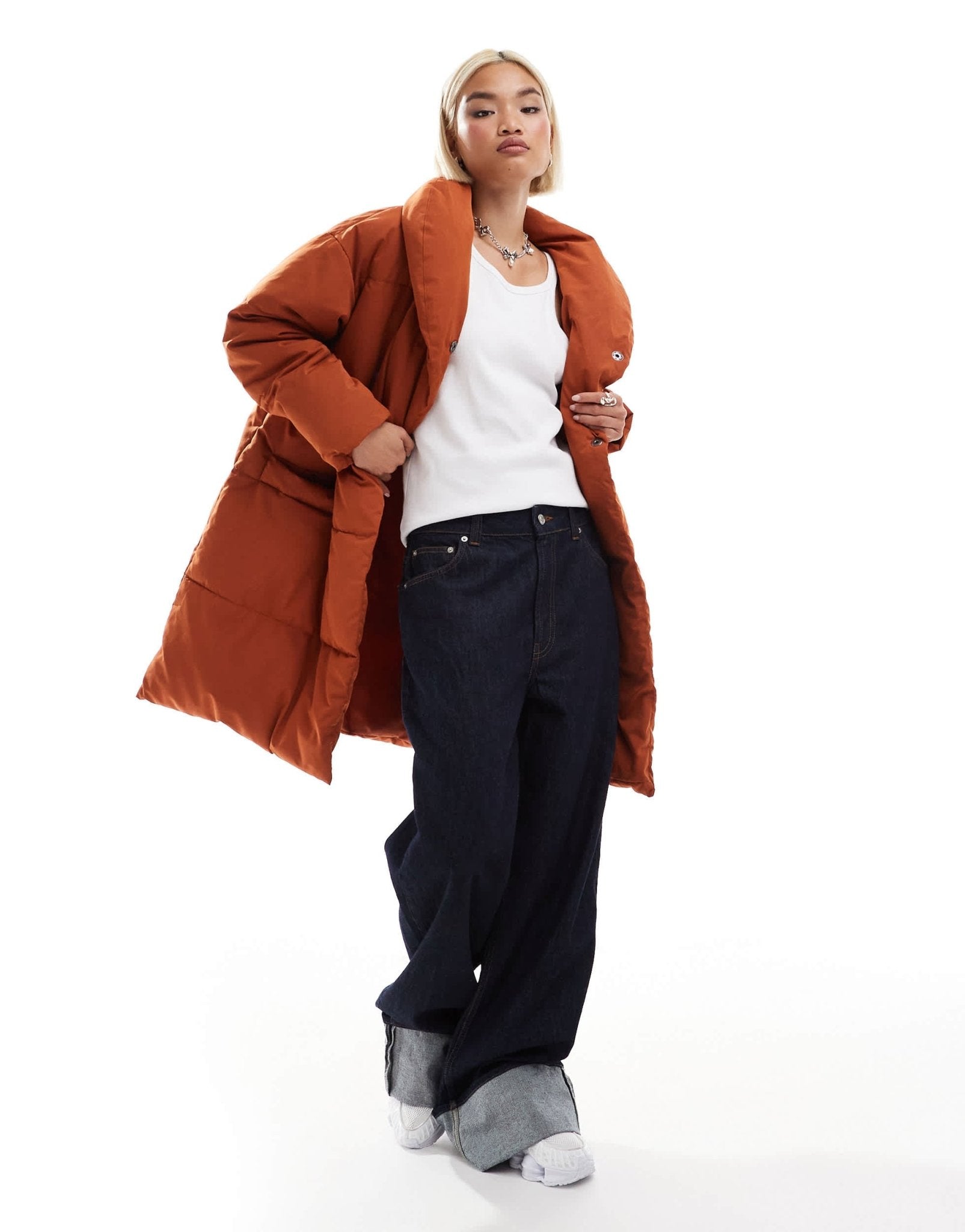 Monki padded mid length coat in rust - ASOS Sample Sale