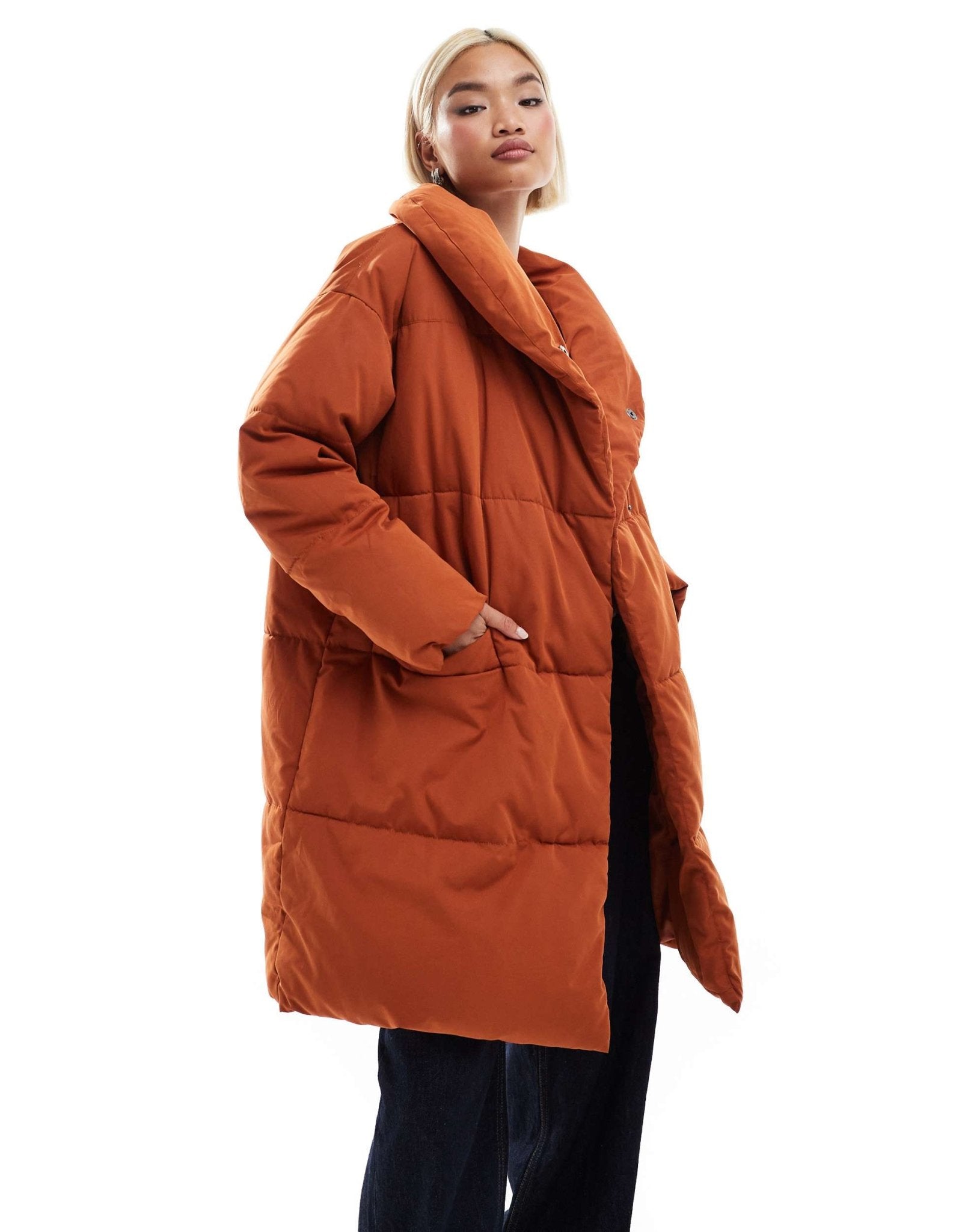 Monki padded mid length coat in rust - ASOS Sample Sale