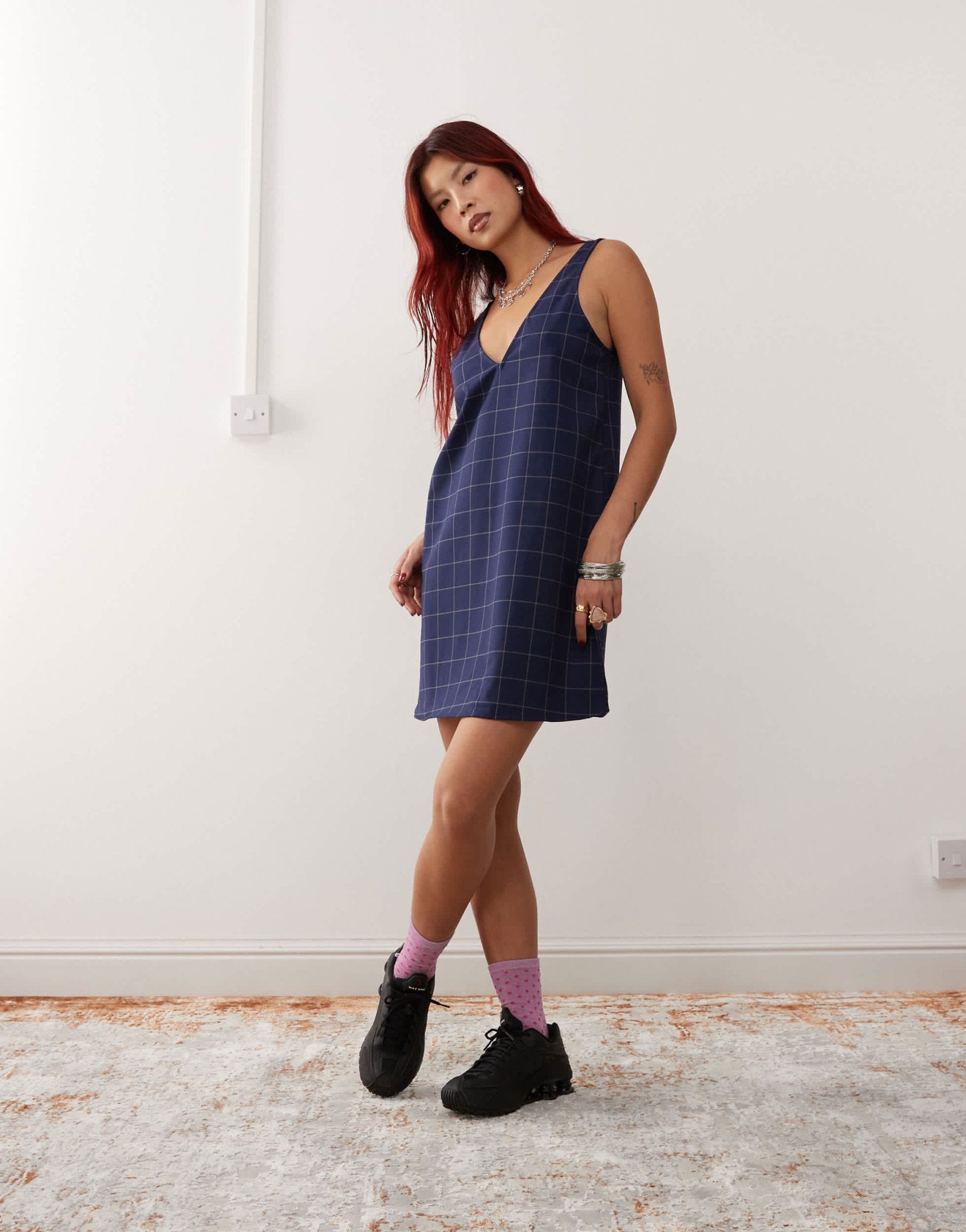 Monki pinafore mini dress in navy check pinstripe - ASOS Sample Sale
