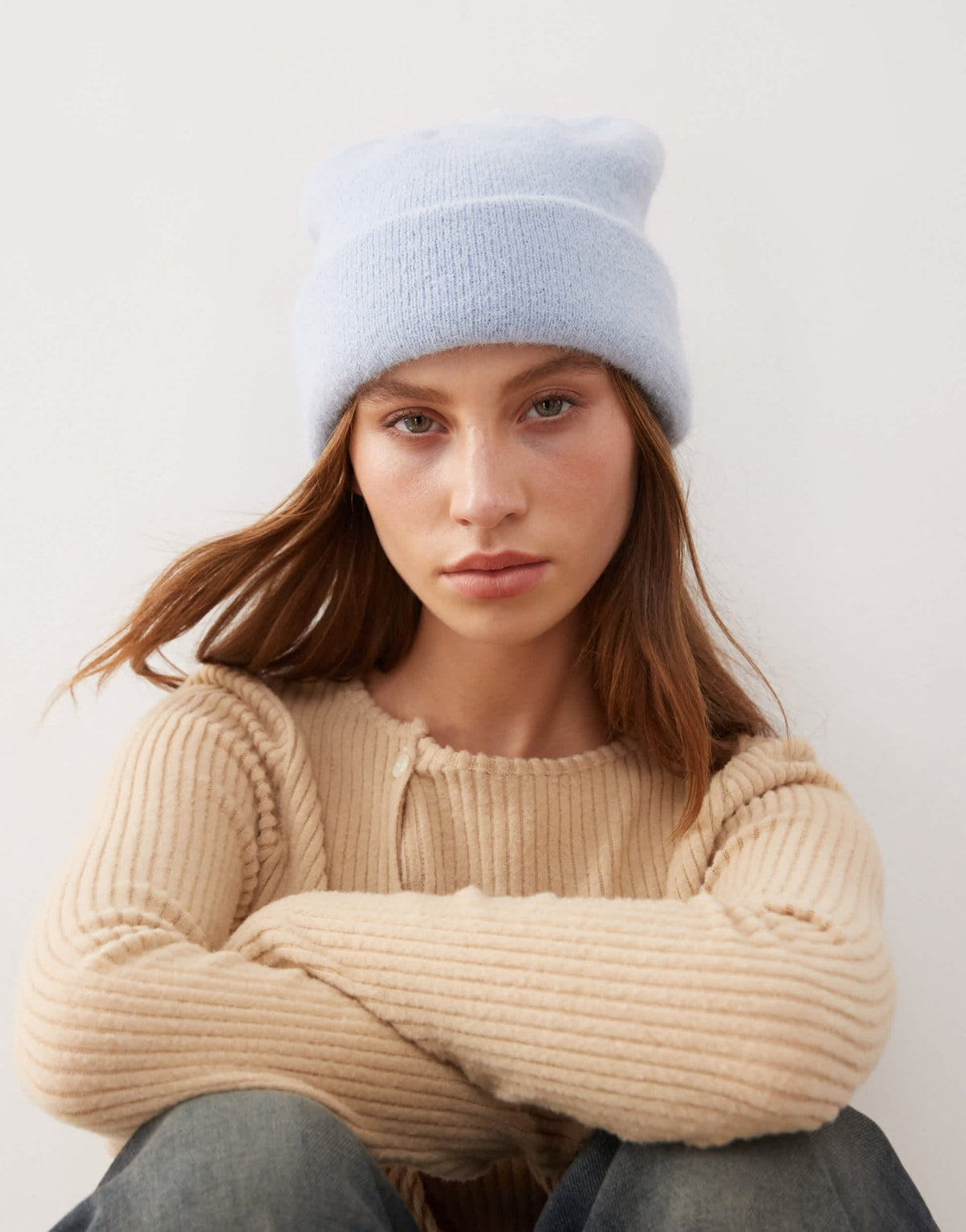 Monki pom pom knitted beanie in blue - ASOS Sample Sale