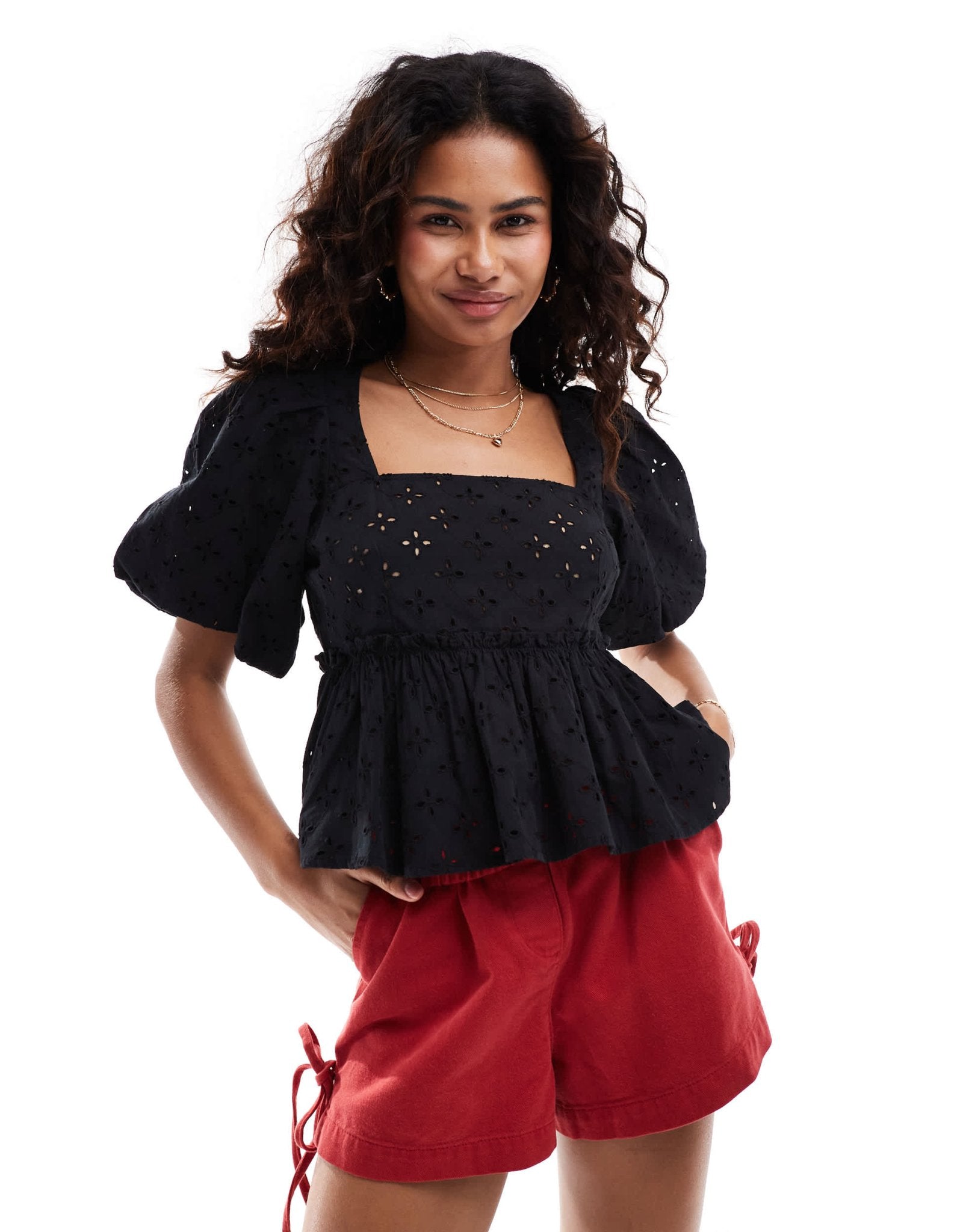 Monki puff short sleeve sqaure neck broderie anglaise top in black - ASOS Sample Sale