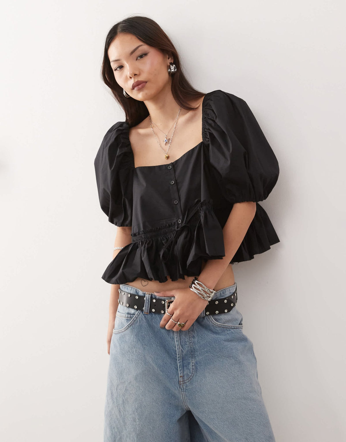 Monki puff sleeve milkmaid peplum blouse in black - ASOS Sample Sale