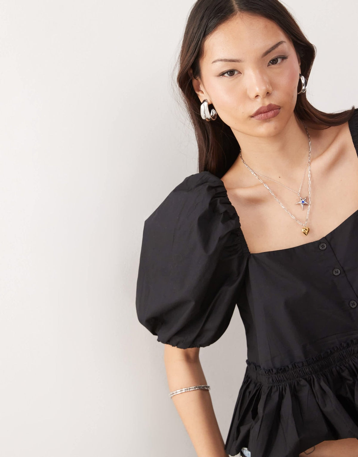 Monki puff sleeve milkmaid peplum blouse in black - ASOS Sample Sale