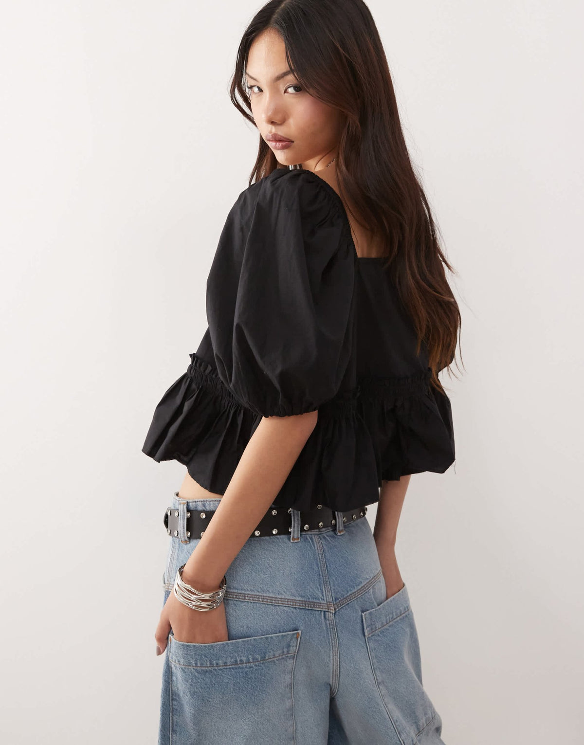 Monki puff sleeve milkmaid peplum blouse in black - ASOS Sample Sale